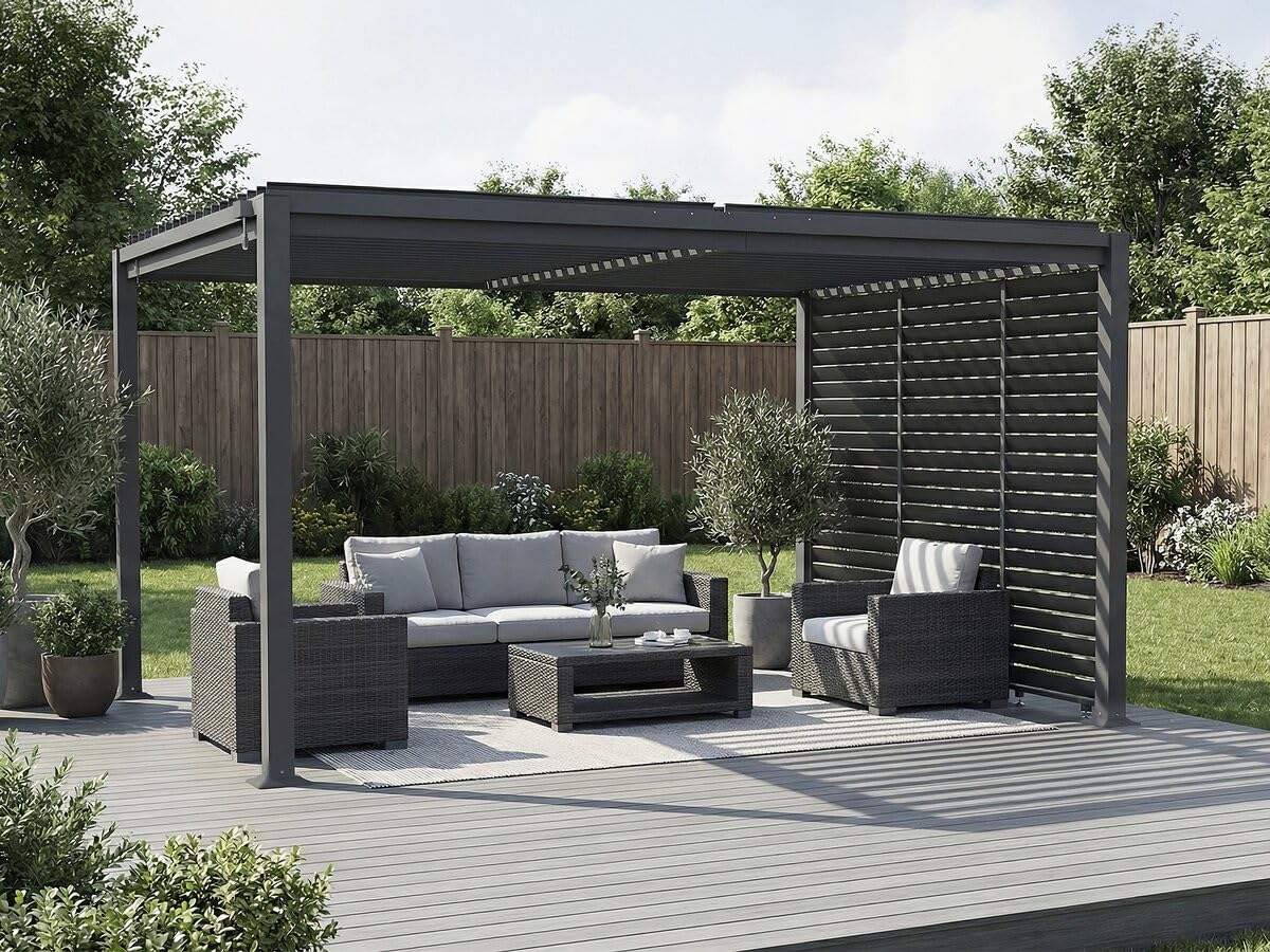 Pergola bioclimatique avec 3 persiennes en Acier galvanisé Howard - 3 x 4 m - Gris