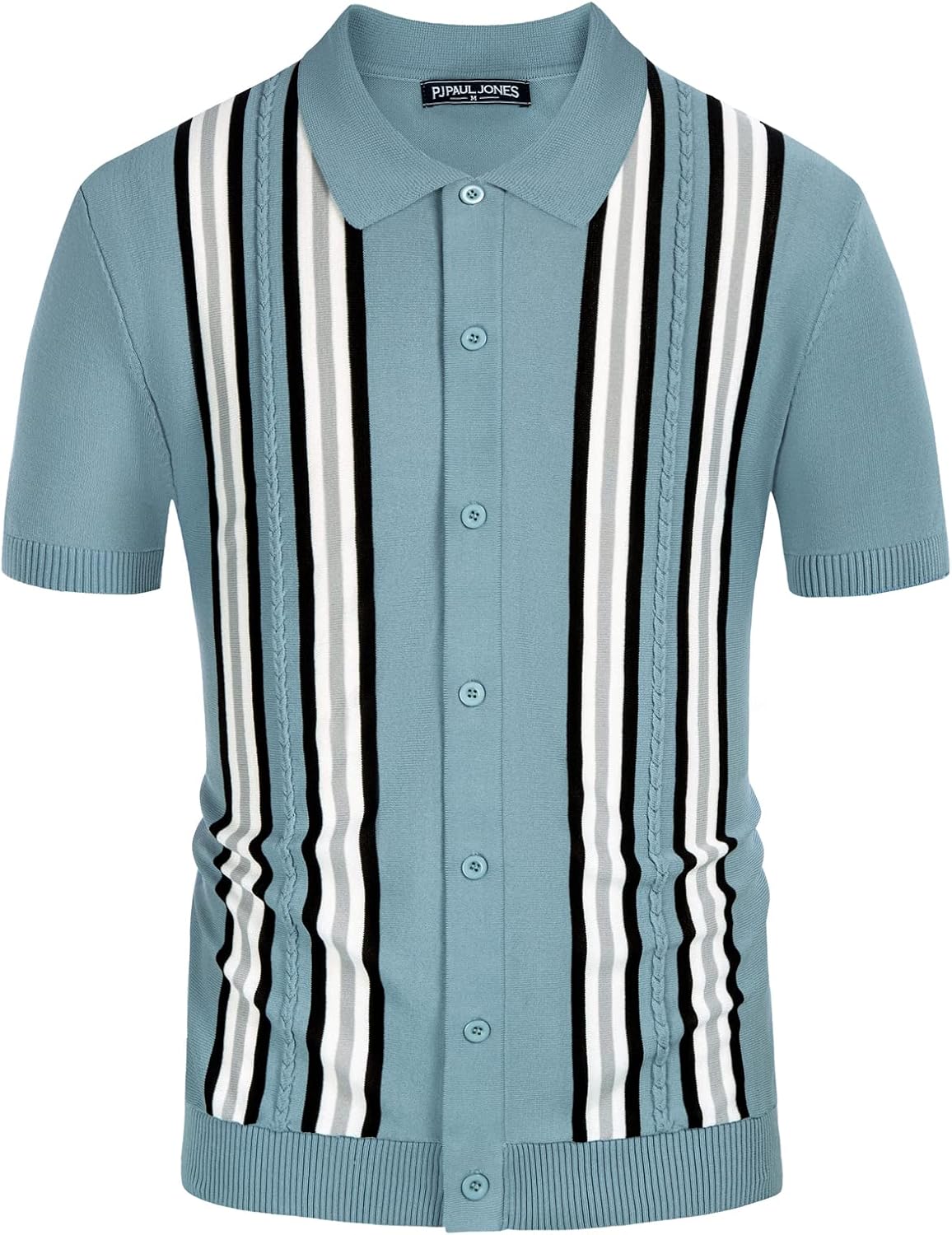 PJ PAUL JONES Mens Polo Shirts Vintage Striped Button Down Knitted Golf Shirts - Image 2