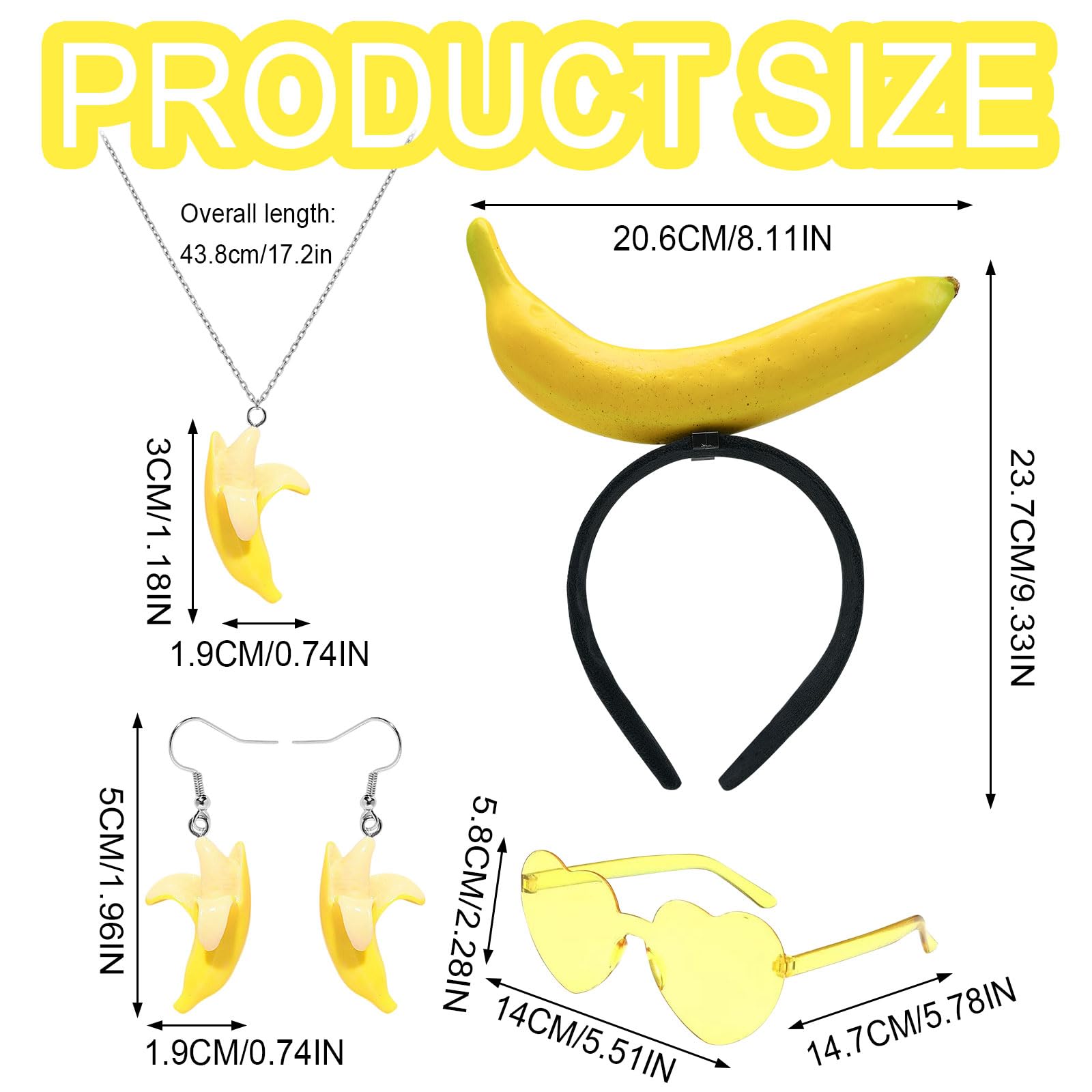 UILYNIU 4 Pcs Banana Costume Set Banana Fancy Dress Women Banana Headband Heart Sunglasses Banana Necklace Earrings Banana Accessories for Hawaiian Fancy Dress Carnival Fruit Costume Party (4 Pcs) - Image 2