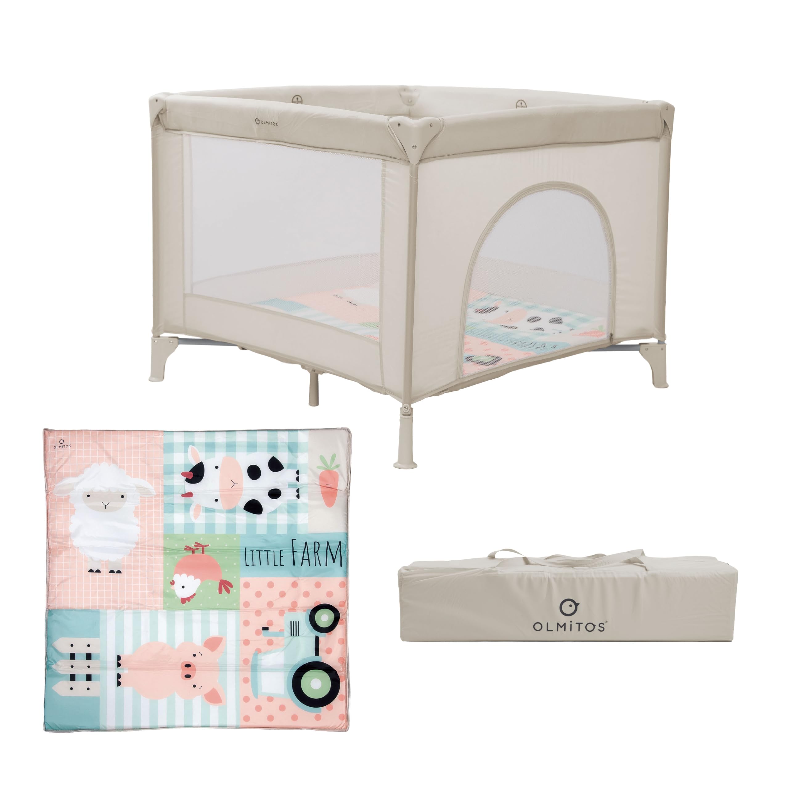 Olmitos Parque Infantil Bebé Cuadrado 100x100 cm | Parque de Juegos con 4 Lados de Red, Plegado Fácil y Puerta de Cremallera, Desde Nacimiento hasta 15kg | Incluye Bolsa y Mosquitera