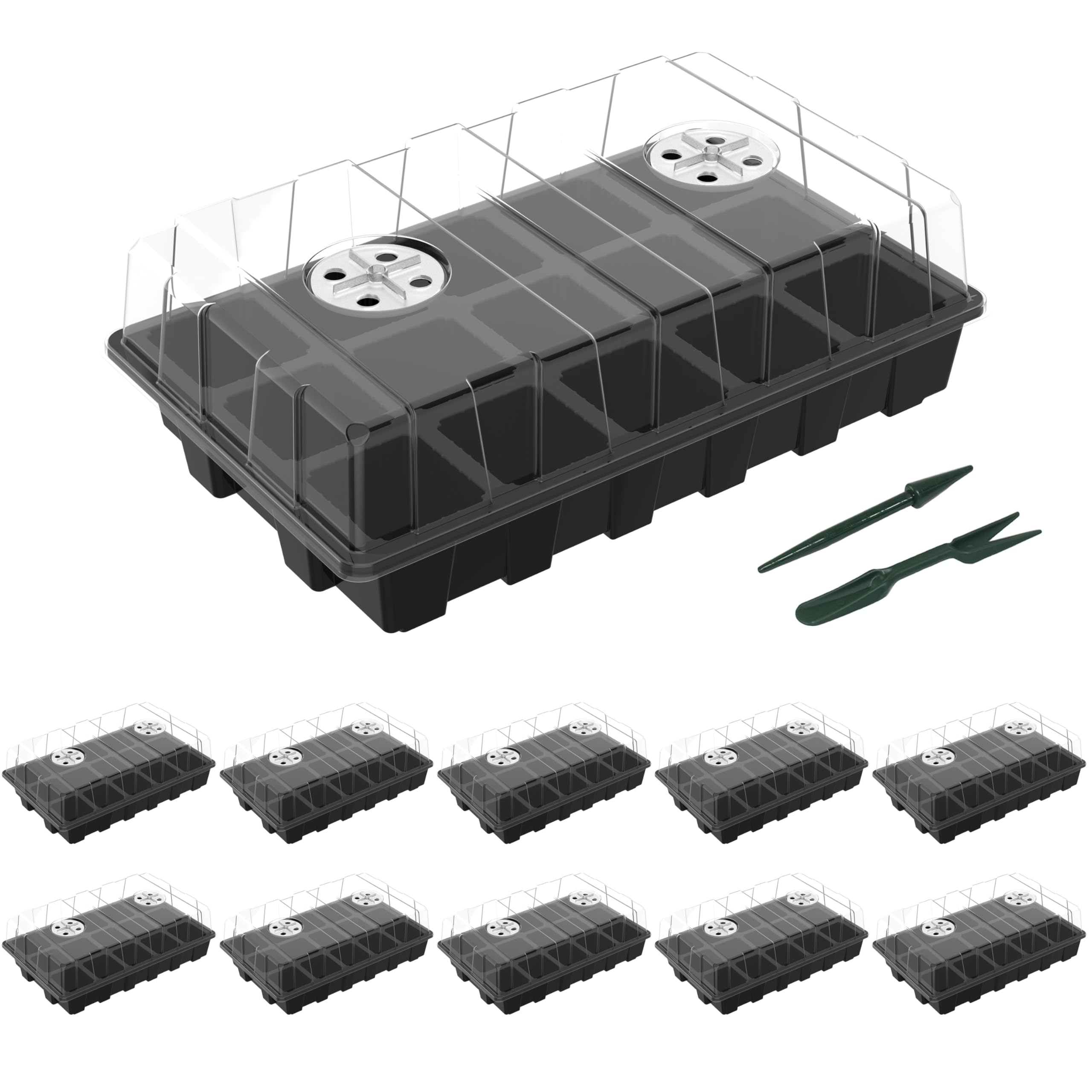 Gardzen Lot de 10 kits de démarrage de semences, plateaux de germination réutilisables avec 150 cellules au total, plateau de démarrage de graines avec dômes ventilés d'humidité et bases pour démarrer