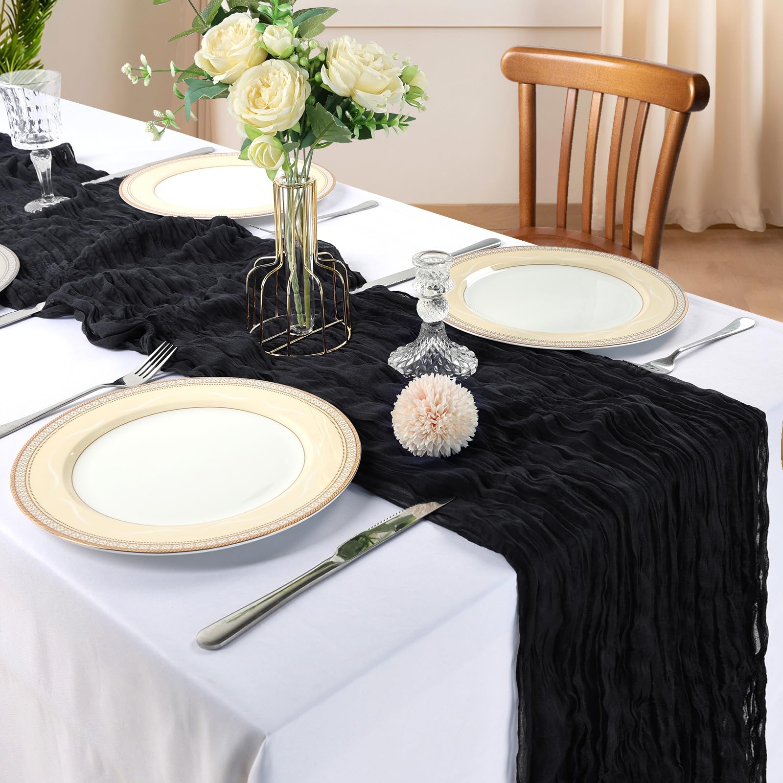 Paquete de 12 Caminos de Mesa de Gasa Negra de 10 pies de Largo, Gasa rústica, Bohemia, Primavera, Queso, decoración de Tela Transparente para Fiestas, Bodas, Banquetes, Despedidas de Soltera, Baby