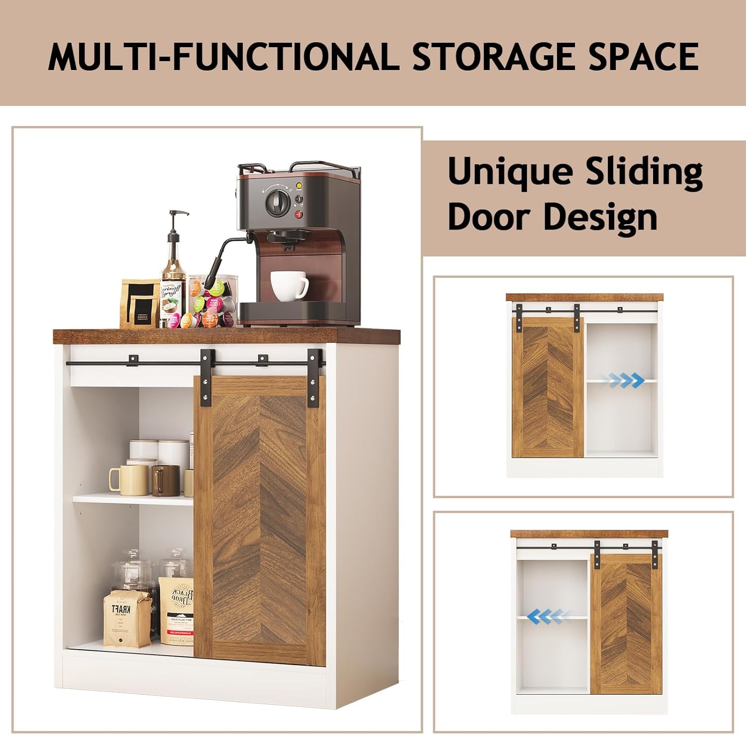 Catrimown Farmhouse Small Coffee Bar Cabinet with Storage, White Coffee Bar Table with Sliding Barn Door, Adjustable Shelves, Bar Cabinet for Kitchen, Dining Living Room, 1 Pack