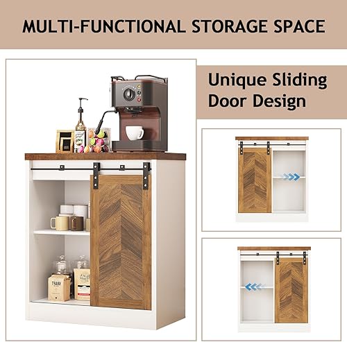 Miniatura 4 de Catrimown Armario de café pequeño de granja con almacenamiento, mesa de café blanca con puerta corrediza de granero, estantes ajustables, armario de