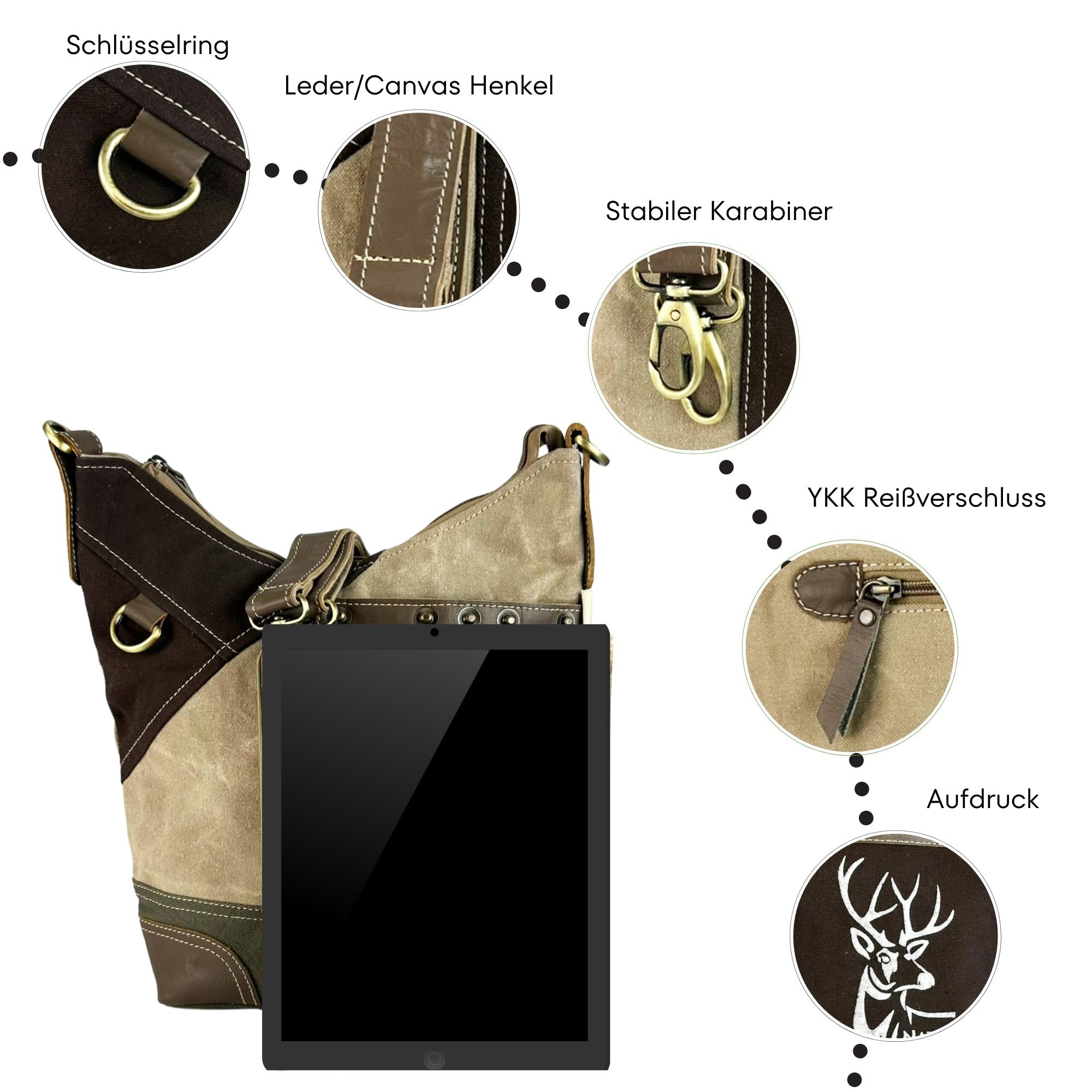 Sunsa Damen Umhängetasche aus Canvas & Leder. Hobo Tasche mit Reh Aufdruck
