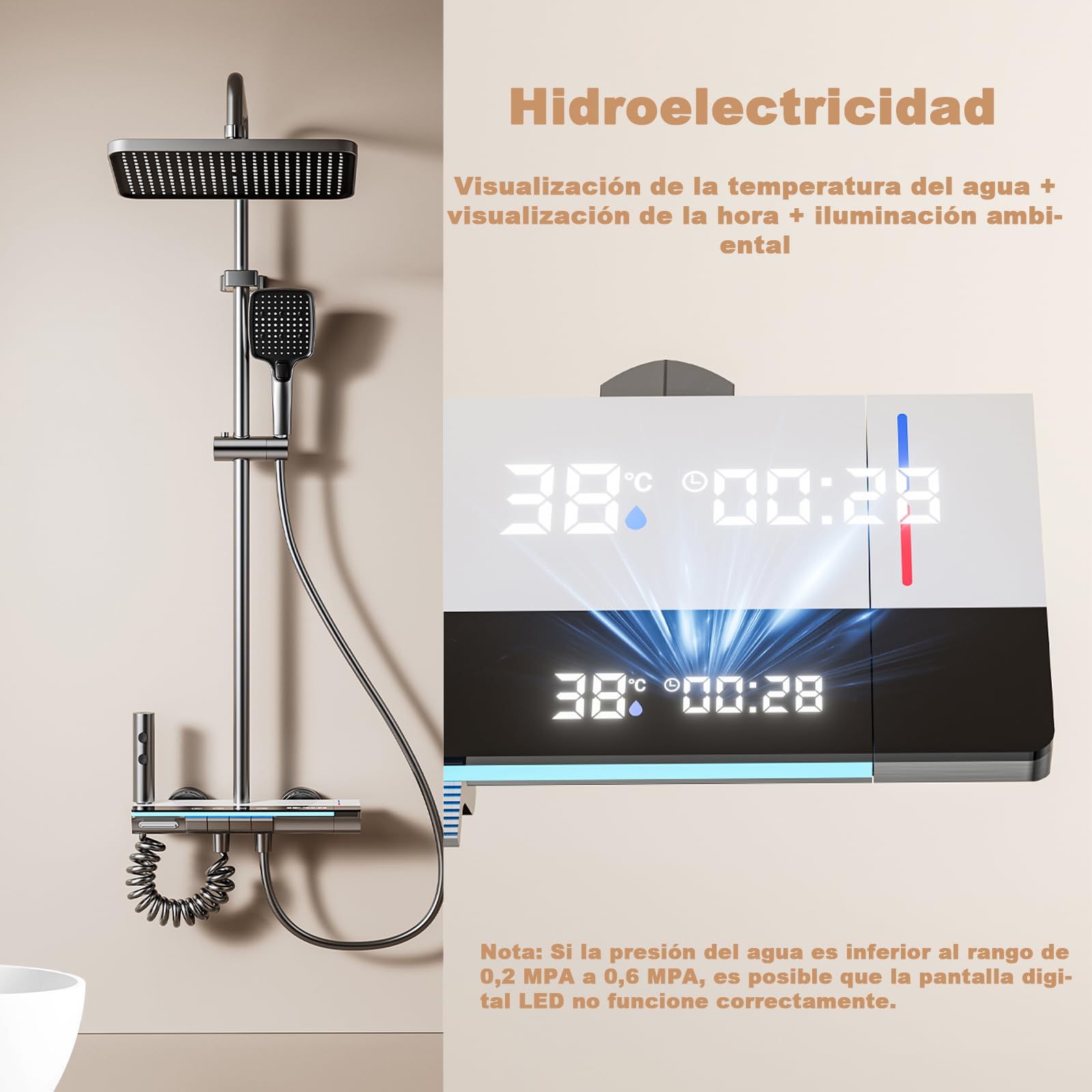 Columna de Ducha 4 en 1 con Pantalla LED Digital, Sistema de Ducha con Lluvia XL, Cascada, Ducha de Mano, Grifo, Altura Ajustable, Sin Electricidad, Luz LED Azul Ideal para Baño Familiar Moderno