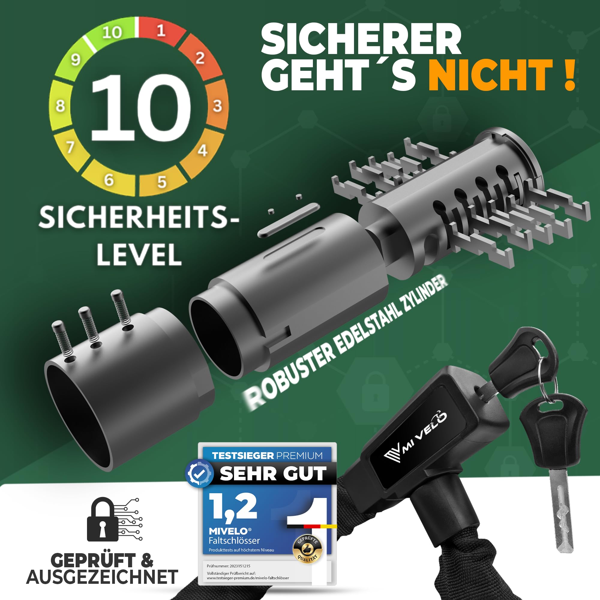 MIVELO Fietsslot, Kettingslot, Hoge Veiligheid, 100 cm Lang, 8 mm Gehard Staal, Wielslot Ideaal Voor E-bike, MTB En Racefiets, Fietsslot (Met Sleutel