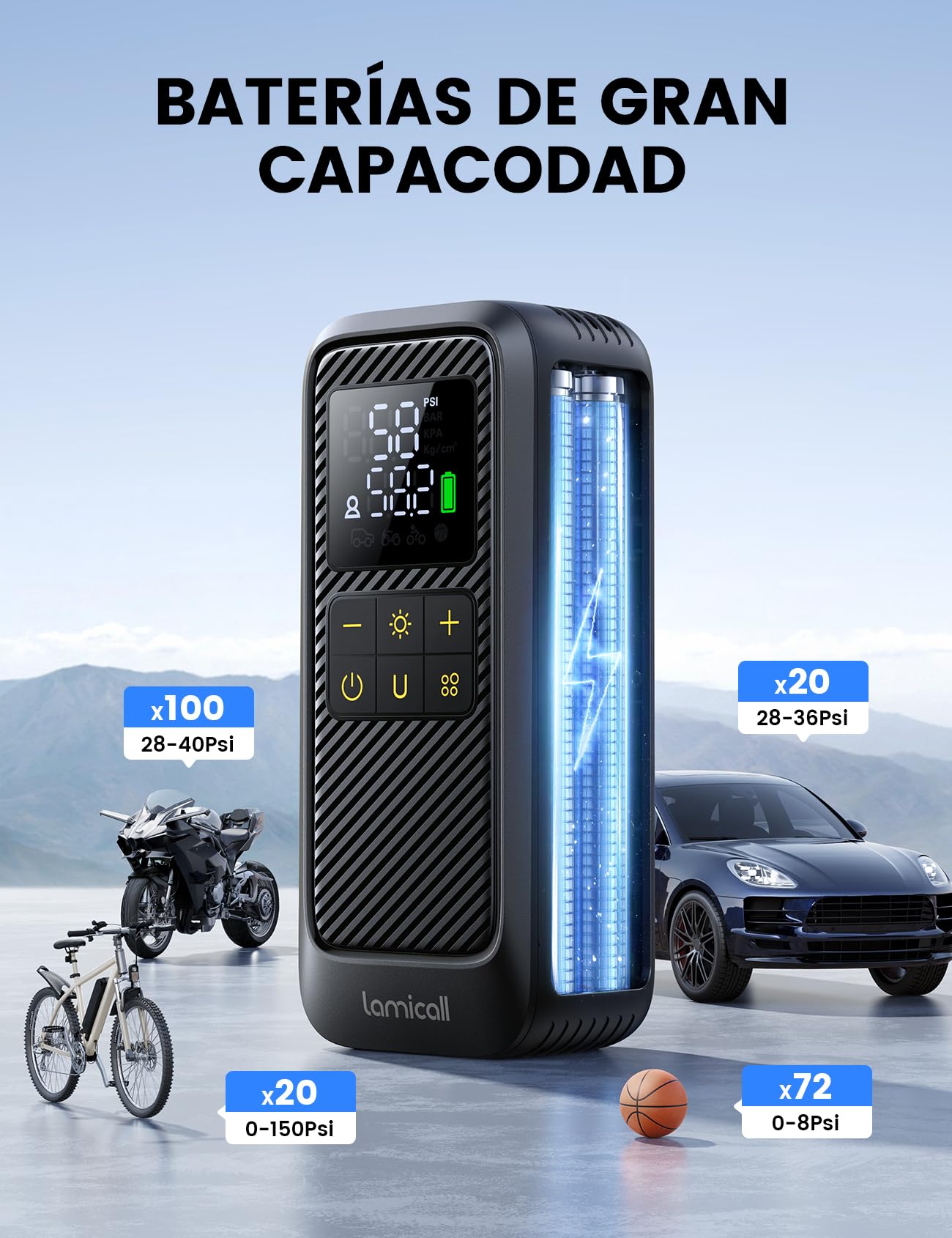 Lamicall Bomba de Bicicleta, Compresor Aire Portatil - [150 PSI Inflación Rápida & Parada Automática] Inflador Rueda con HD Pantalla LED y Luz de Emergencia, con Boquillas para Coche/Bici/Moto/Pelota