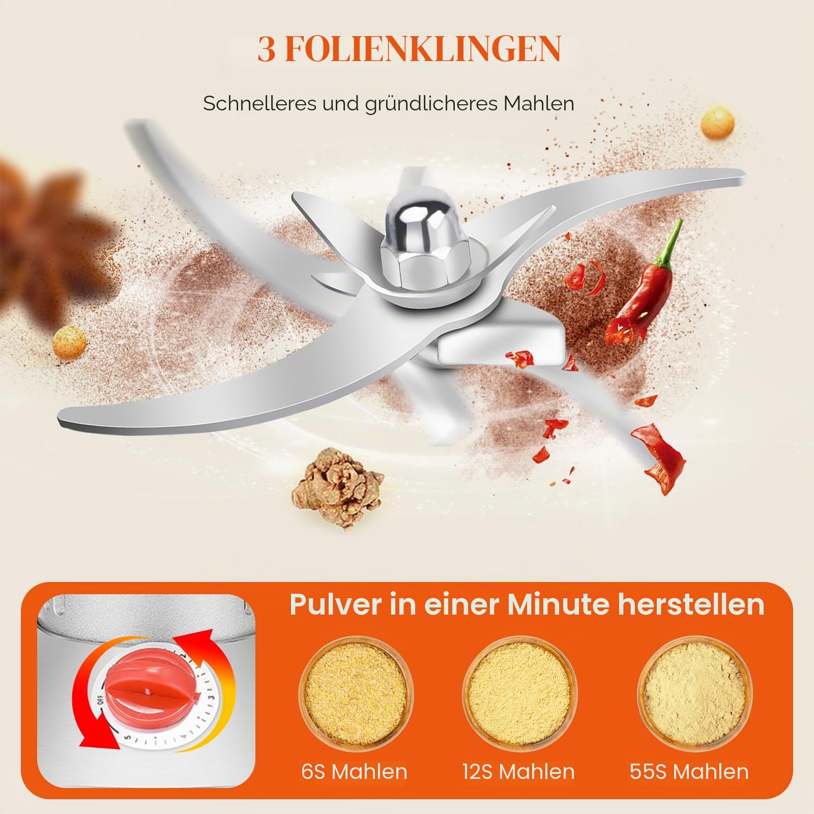 Getreidemühle Elektrisch, Aomdom 500g Getreidemühle Edelstahl Mühle Elektrisch 28000rpm Starker Motor High Speed Elektrische Mühle 30s Feinmahlung für Küchengetreide Gewürz Mais