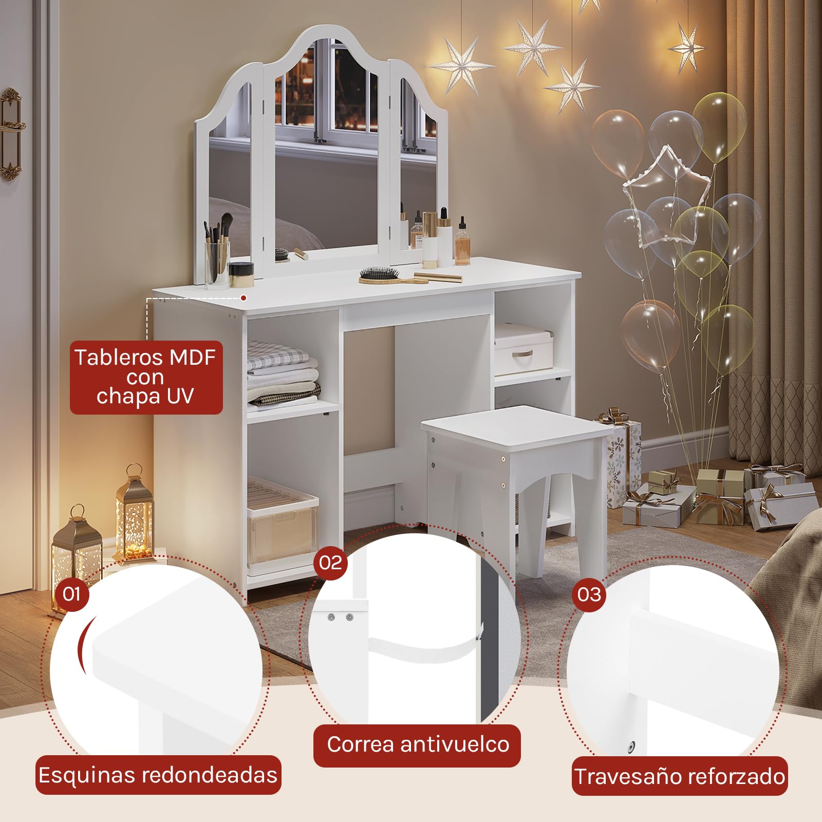 WOLTU Mesa Tocador Infantil con Taburete y Espejo Plegable, Conjunto de Tocador Maquillaje de 3 Piezas, con 4 Compartimentos, Estante Ajustable, Blanco, MDF, MB6120ws