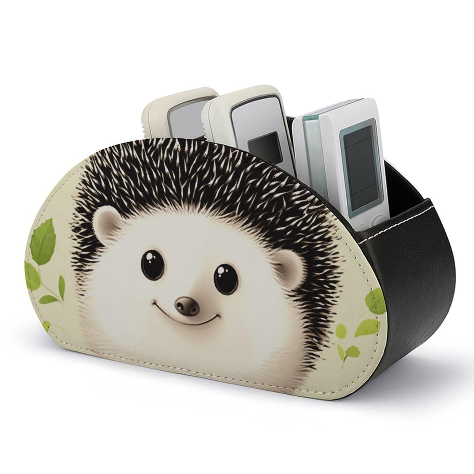 VstaDank Cute Hedgehog Remote Control Holder with 5 Compartments PU Leather Remote Caddy Desktop Organizer Store TV Remote Control Storage Box for Home Office Desk Nightstand