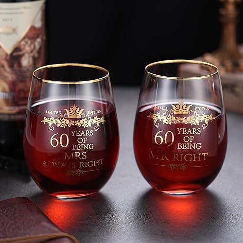 Miniatura 4 de COFOZA Juego de 2 vasos de vino para 60 aniversario de boda, con texto en inglés "Mr Right Mrs Always Right", regalos para parejas, padres