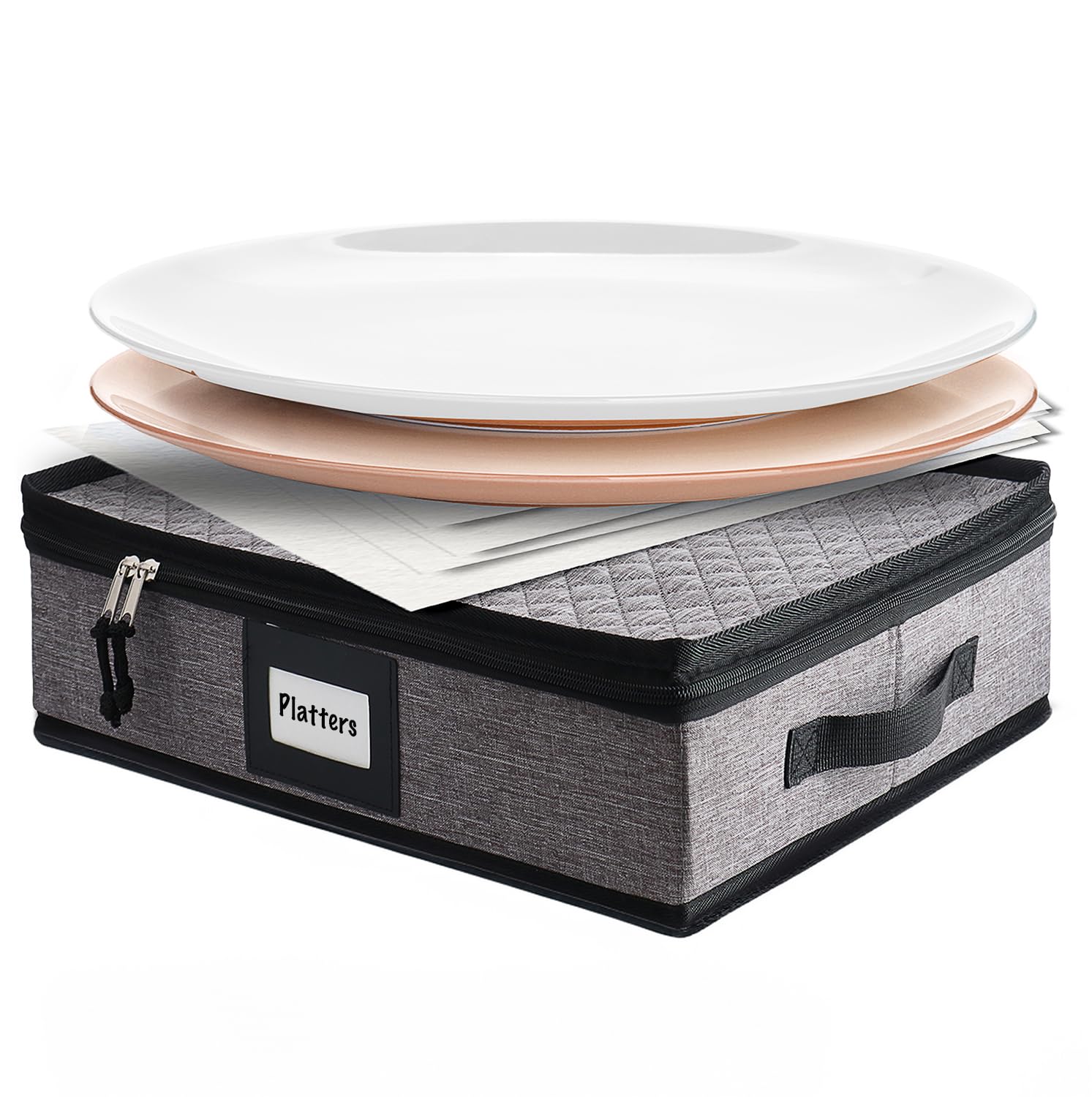 Platter Storage Case – Fine China Storage Containers Hard Shell, Quilted and Stackable 16”x 12.5”x 3.5” Platter Storage Container with Handles and Felt Dividers for Moving and Seasonal Storage, Grey