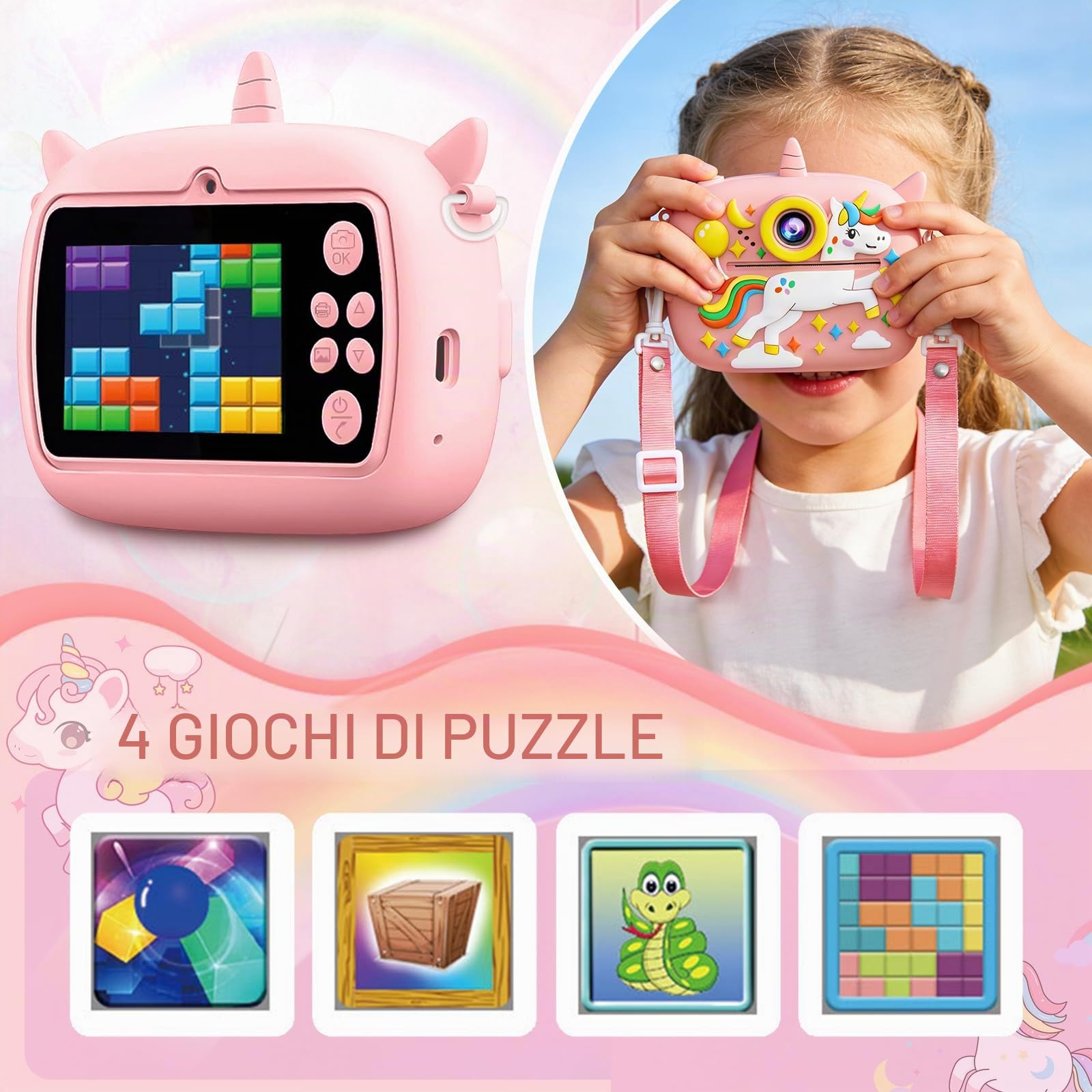 Macchina Fotografica Bambini, 2,4 Pollici Macchina Fotografica Istantanea, 1080P Macchina Fotografica Bambini Istantanea, con 32GB Scheda SD e Carta da Stampa, Regalo per Bambini dai 3-12 Anni