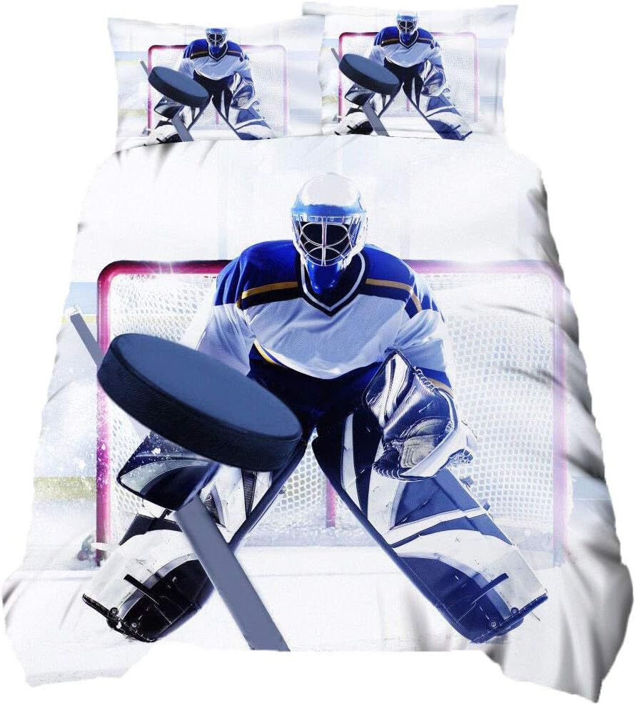 Loussiesd Decor Duvet Cover Single Size Action Ice Hockey Team Player with Stick and Puck Bedding Cover Kids Youth Sport Physical Education Comforter Cover for BoysTeens Bed Cover Ultra Soft