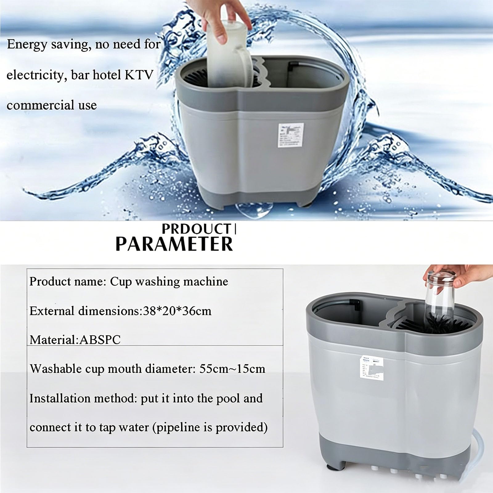 Lavavasos De Presión, Máquina Automática para Lavar Vasos con 2 Cepillos, Enjuague A Presión, Fregado Interior Y Exterior Simultáneo, No Requiere Electricidad, Ideal para Fiestas, Bares Y