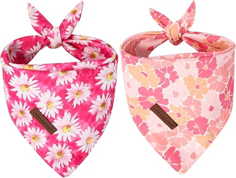 Unique Style Paws Dog Spring Bandanas 2Pcs Washable Cotton Triangle Summer Rose Daisy Flower Puppy Scarfs for Small Medium Large Dogs and Cats