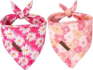 Unique Style Paws Dog Spring Bandanas 2Pcs Washable Cotton Triangle Summer Rose Daisy Flower Puppy Scarfs for Small Medium Large Dogs and Cats
