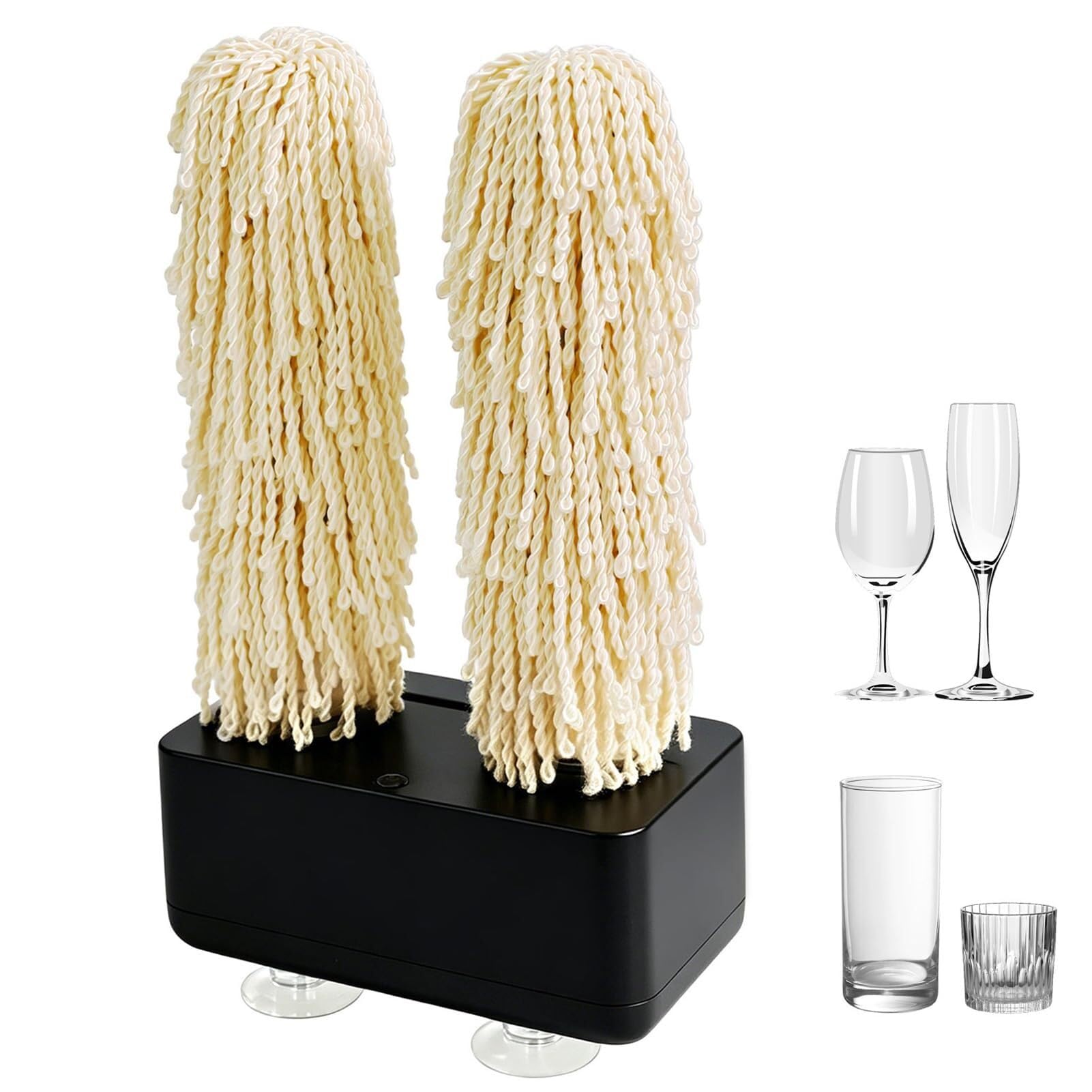 Pulidora Eléctrica para Copas de Vino 600 RPM, Limpiador Automático de Cristalería con Doble Cepillo de Microfibra, Pulidor de Vasos Profesional para Bar, Restaurante y Hogar, Base Ventosa