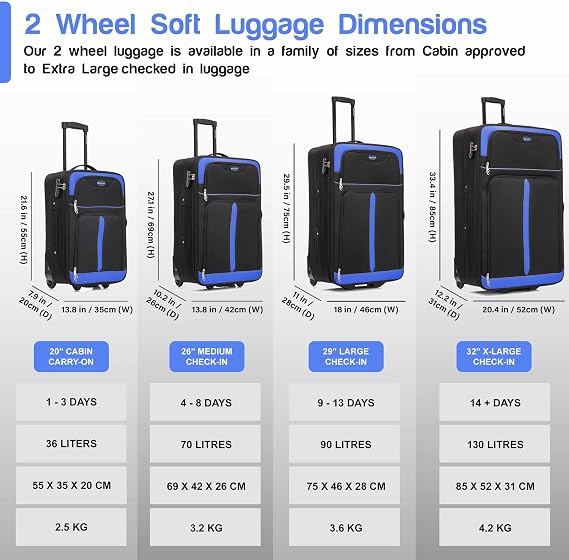 Aerostar Large 29” Lightweight Softshell Expandable Suitcase, Check in Luggage 2 Corner Wheels with Integrated Combination Lock (Black/Blue, 100 litres)