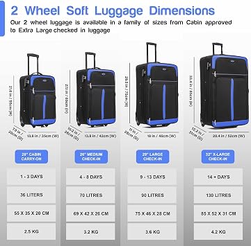 Aerostar Large 29” Lightweight Softshell Expandable Suitcase, Check in Luggage 2 Corner Wheels with Integrated Combination Lock (Black/Blue, 100 litres)
