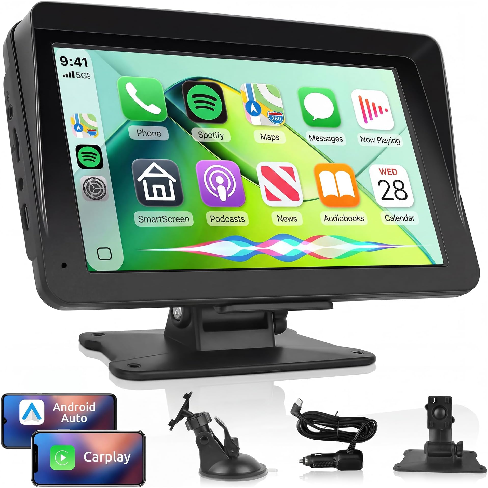 Rimoody Wireless CarPlay Screen Portable Car Radio Android Auto Screen, 7 Inch Touchscreen Bluetooth AirPlay Portable Car Radio with FM Transmitter Voice Control