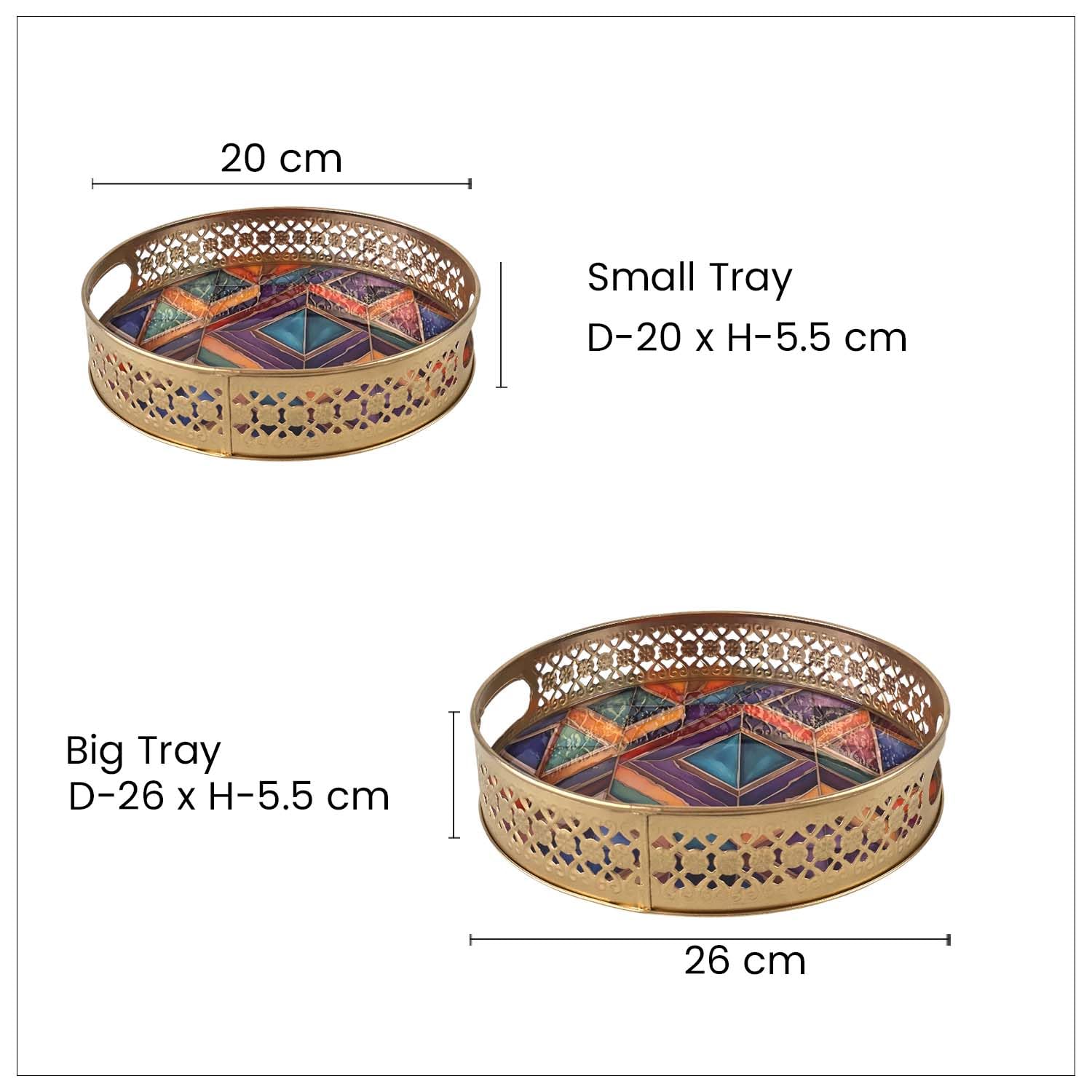Go Hooked Decorative Metal Tray Set of 2 with Modern Geometric Art | Round Gold Finish Accent Trays for Home Décor, Coffee Table Styling, Romantic Valentine Gift & Love-Themed Display (8/10 Inch) 1