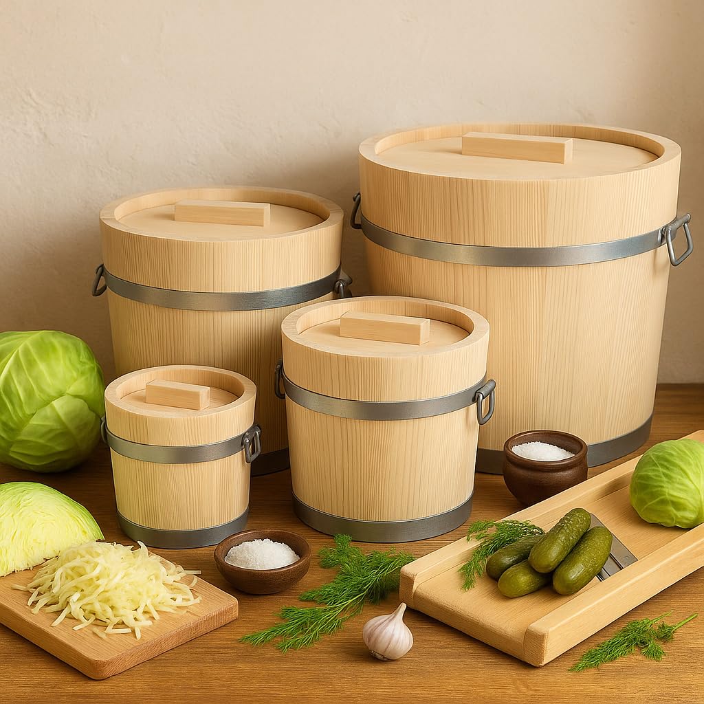 Gäreimer mit Deckel – naturbelassenes Gärfass mit Metallumreifung und Haltegriffen – Sauerkrautfass aus Holz für Fermentation von Gemüse, Kimchi, Gurken – Holz Gärtopf aus Weißtanne (15 Liter)