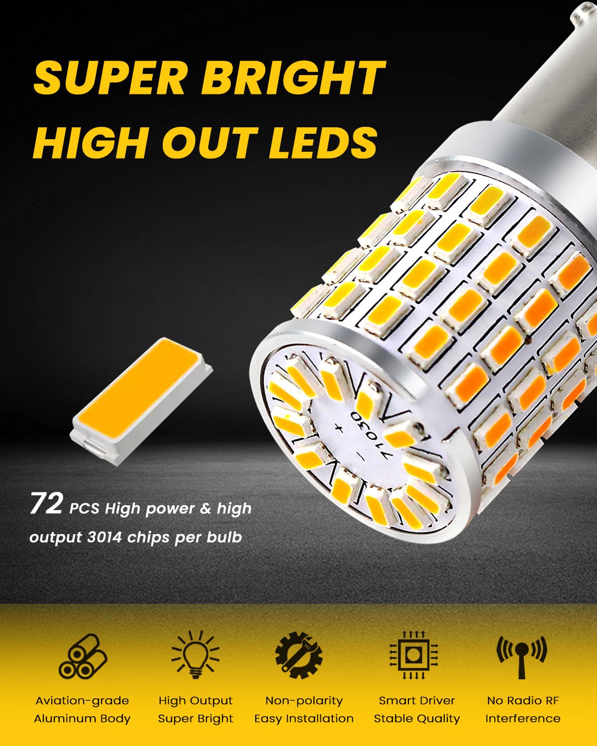 PHINLION 2057 1157 Orange Yellow LED Bulbs Super Bright 72-SMD
