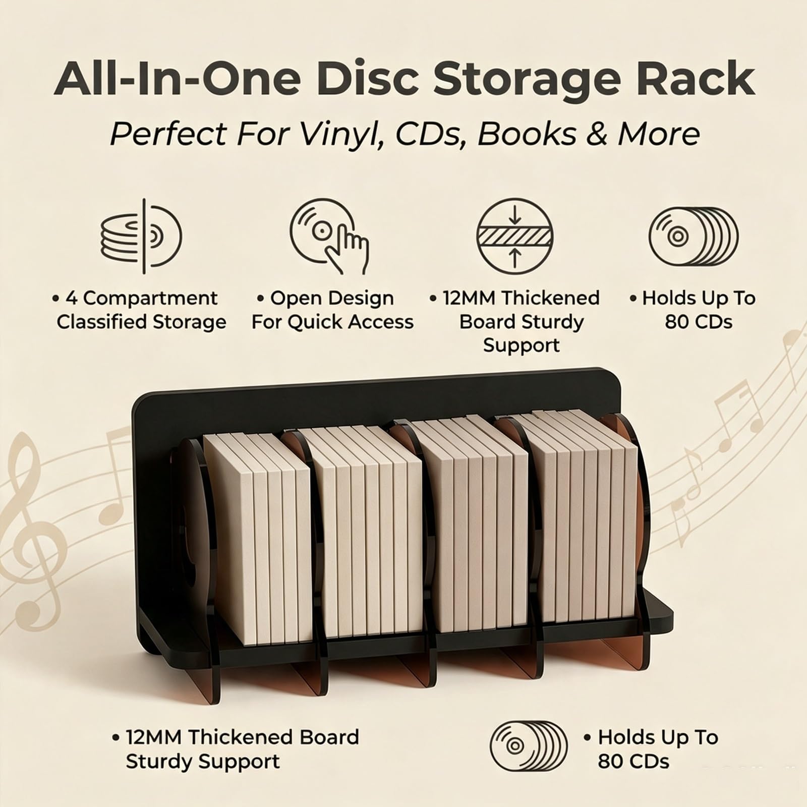 Estantería CD Vinilos 4 Compartimentos Organizador Mesa Librería Baja. | Estantería Madera Organizador Discos con Separadores Acrílicos Estante Multimedia Dormitorio.(Black)