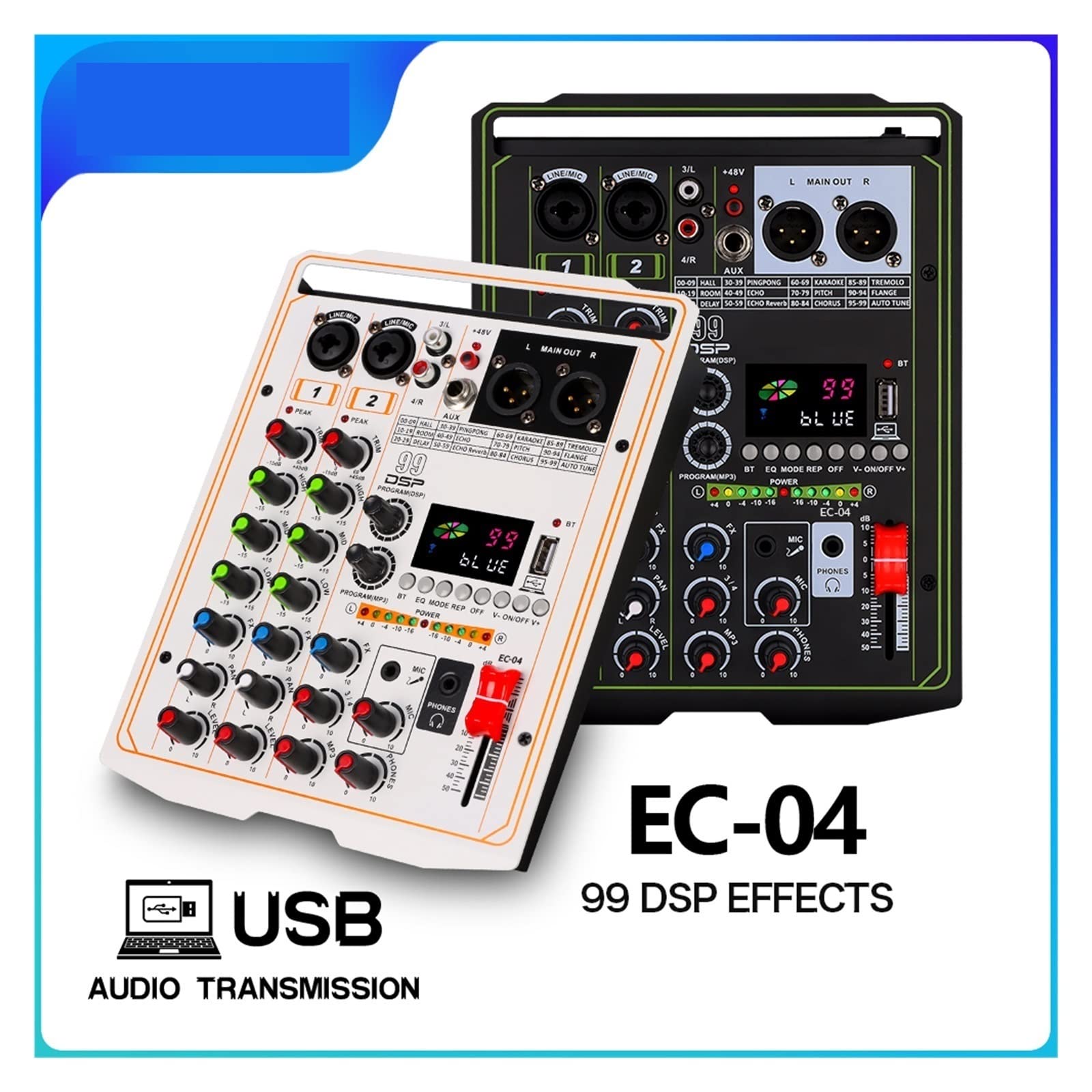 Mezclador de DJ, 99 DSP Effect Mixer 4 canales Portable 48V Phantom Power Monitor DJ Mixing Console for estudio profesional(Nero)