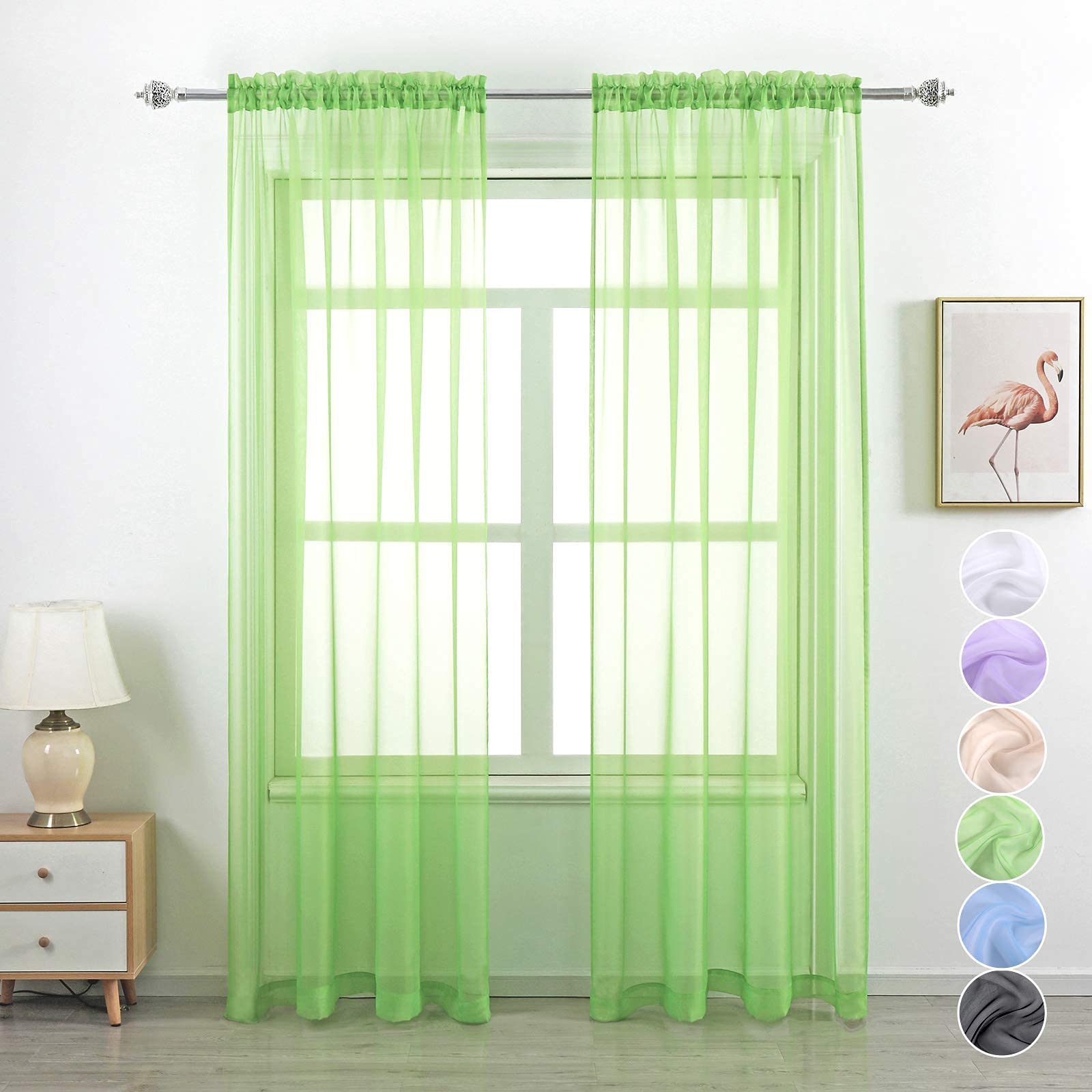GYROHOME Basic Rod Pocket Sheer Voile Curtain, Sunlight Filtering Protect Privacy Polyester Sheer for Living Room Bedroom Patio Door Set of 2Panels,Green,100x120cm — image 1