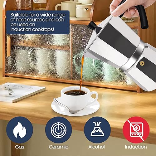 Miniatura 4 de 2 tazas Moka Pot Aluminio 3.4 fl oz Cafetera Italiana Estufa Cafetera Espresso Cafeteras Mocha Pot Percolator Greca Cafetera para Estufa de Cerámica
