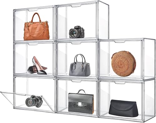 Geetery Paquete de 8 vitrinas grandes de acrílico con puerta magnética, bolsa transparente, caja de almacenamiento de plástico para armario, caja de