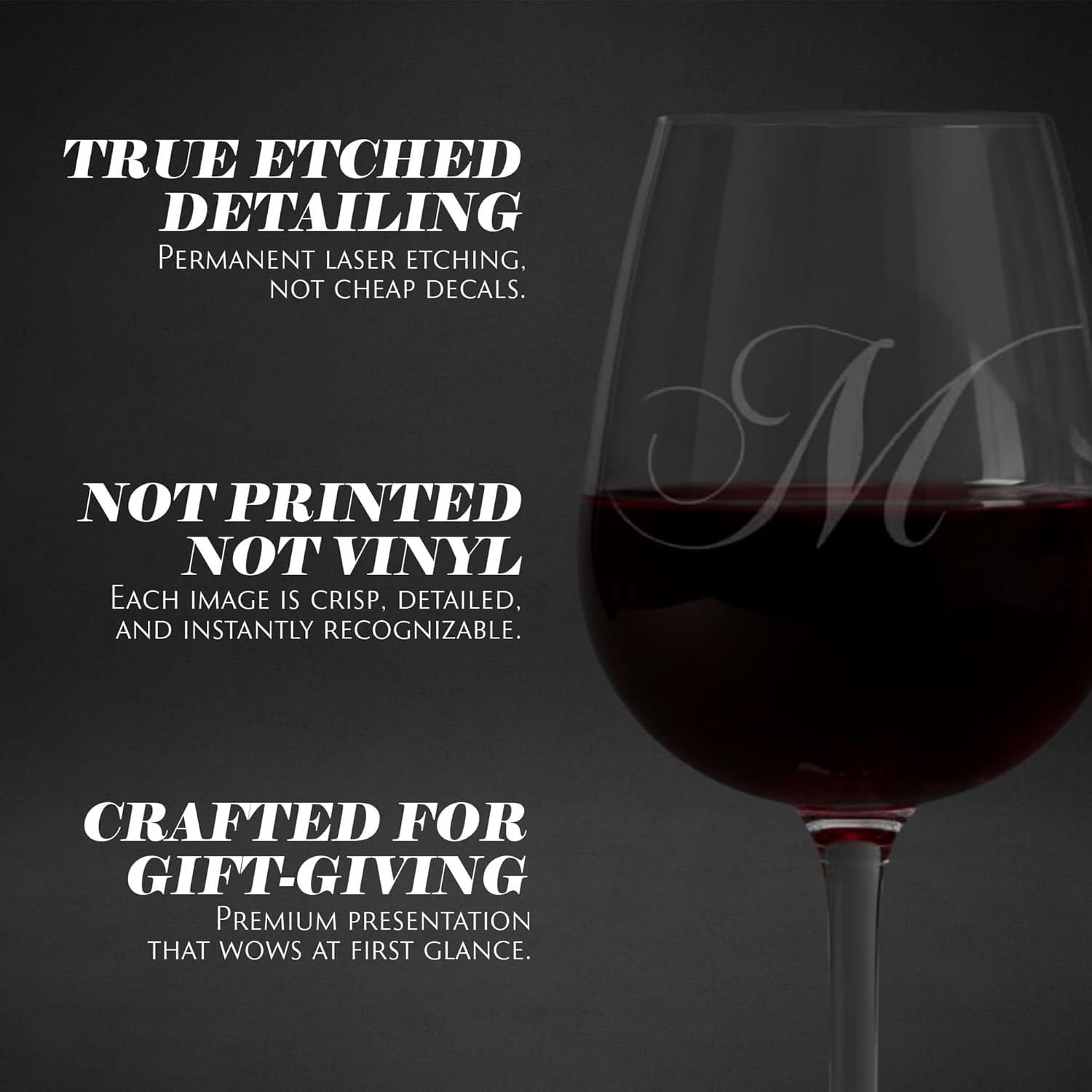 Etched Laser Art Chopin Script Font Etched Monogrammed Wine Glasses - Personalized Initial Wine Glass, Gifts for Birthday, Wedding, Housewarming & Other Occasions, All Purpose - Letter M, 12.75 oz