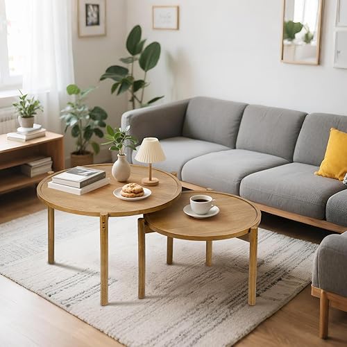 Miniatura 4 de Solid Wood - Juego de 2 mesas auxiliares redondas de madera, mesas auxiliares pequeñas, mesa auxiliar, para sala de estar, dormitorio, balcón
