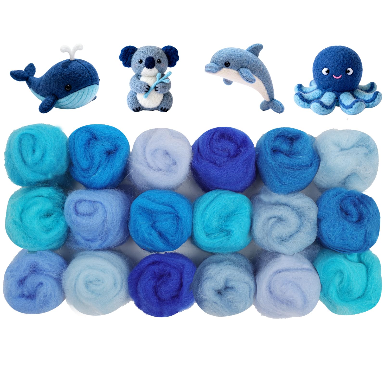 Ainiv 18 Pcs Felting Wool, Needle Felting Wool, 9 Colors x 2 Packs Fleece Roving Yarn, Beginner-Friendly Art Crafts, Starter Needle Fuzzy Felt Supplies for DIY Craft Beginners (Blue Series) — image 1