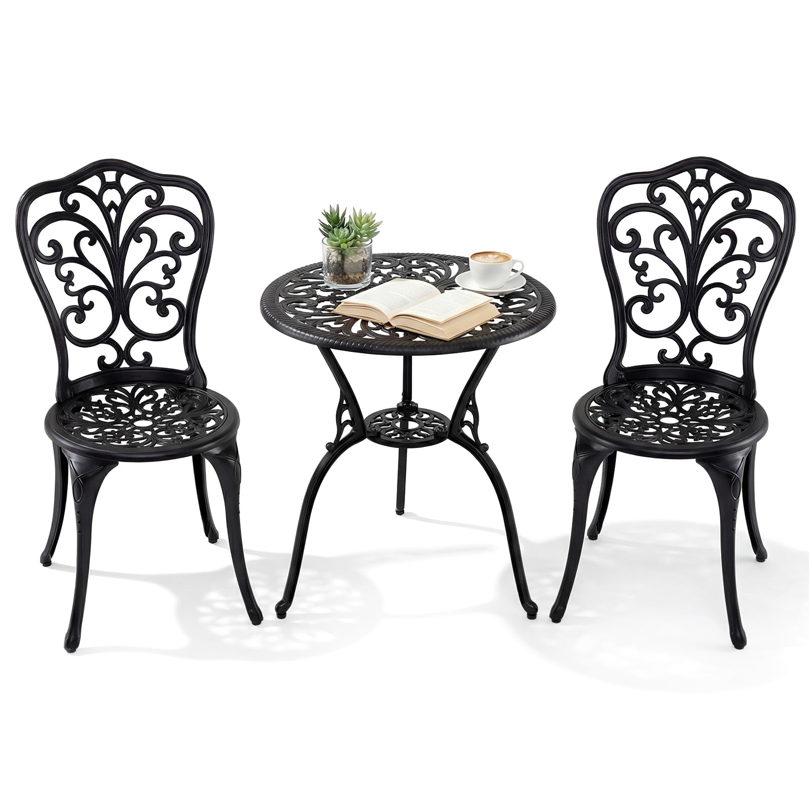 COSTWAY 3 Pieces Patio Bistro Set, Cast Aluminum Weather Resistant Table and Chairs with Umbrella Hole, Antique Garden Furniture Set Outdoor Dining Set (Black, Butterfly Pattern)