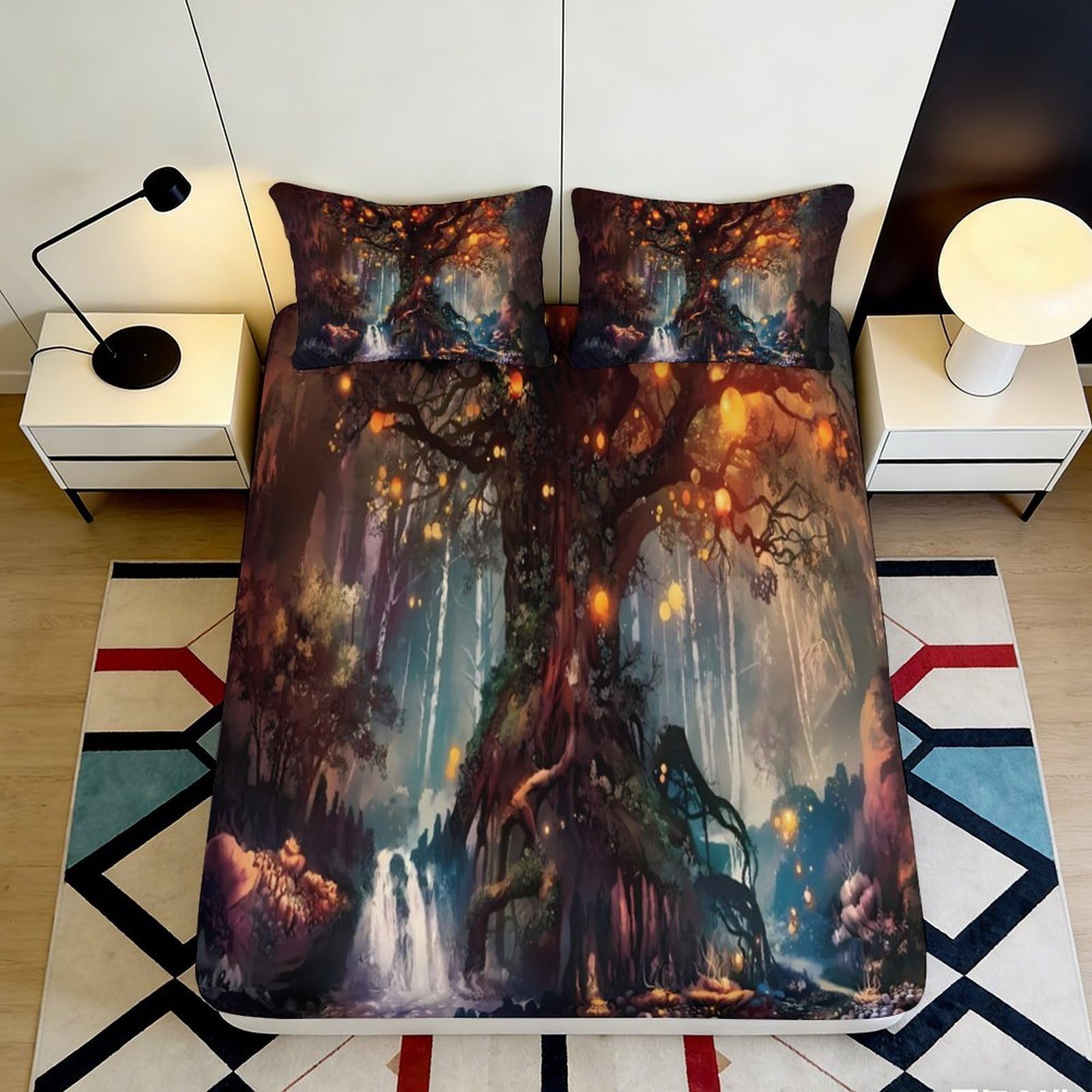3D Printed Enchanted Tree Fitted Sheet Microfiber Soft Durable Magical Forest Bed Cover for Bedroom Dormitory Guest Room Mattress Protection 180x200x25cm