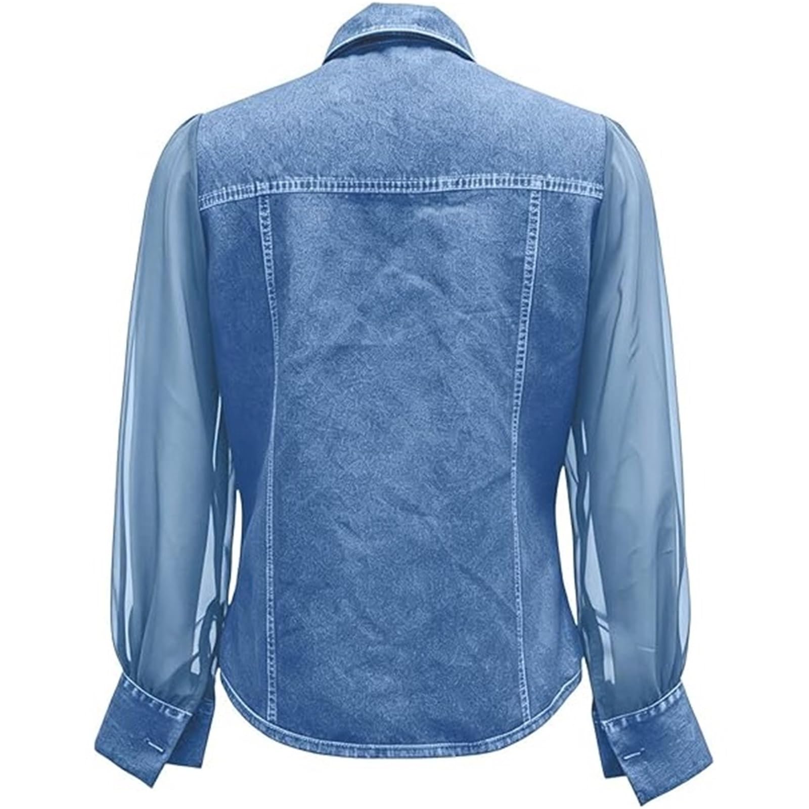 Camicia in Denim A Maniche Lunghe con Inserti Camicia in Denim da Donna A Maniche Lunghe in Rete Trasparente, Camicetta Abbottonata con Tasche sul Petto