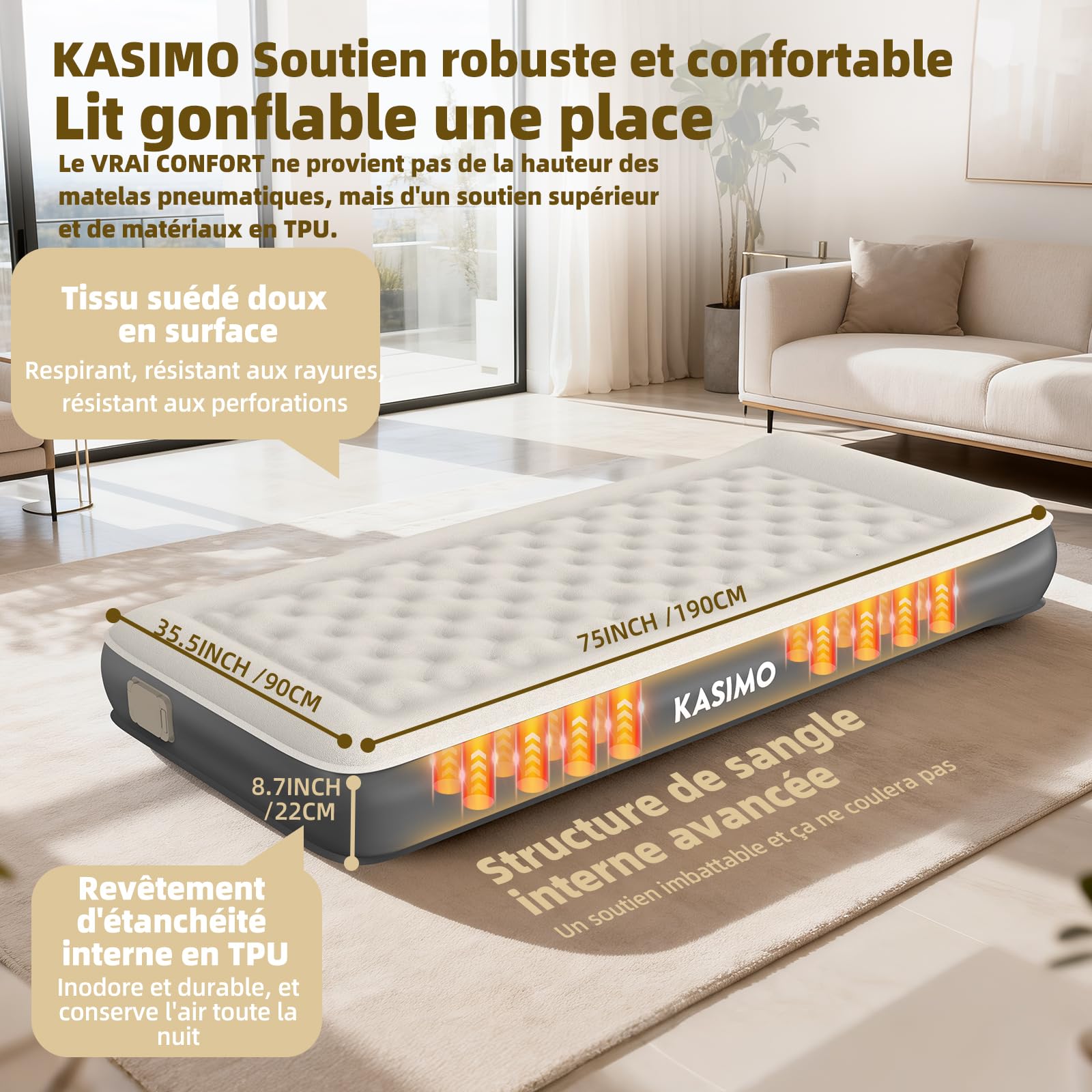 KASIMO Matelas Gonflable 1 Place, Pompe Électrique sans Fil Intégrée, Matelas Gonflables TPU Matériau, Gonflage Rapide 2 Min, Lit Gonflable 90x190x22cm pour Camping et Invités