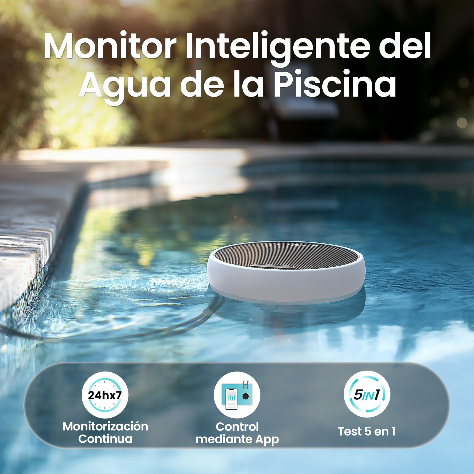 AIPER HydroComm Analizador Agua Piscina Inteligente – Monitor de Piscina con App, Análisis 5-en-1 (pH, ORP, EC, TDS, Temperatura), Supervisión Automática 24/7, Energía Solar + Batería