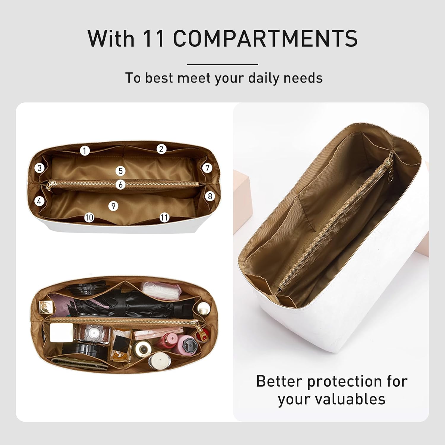 Purse Organizer Insert Compatible with lv Speedy 25/Monogram Bags and More, Light Waterproof Dupont Paper Bag Insert Shaper Protector for Women Tote Handbags, 11 Pockets with Zip(White&Brown,M) - Image 3