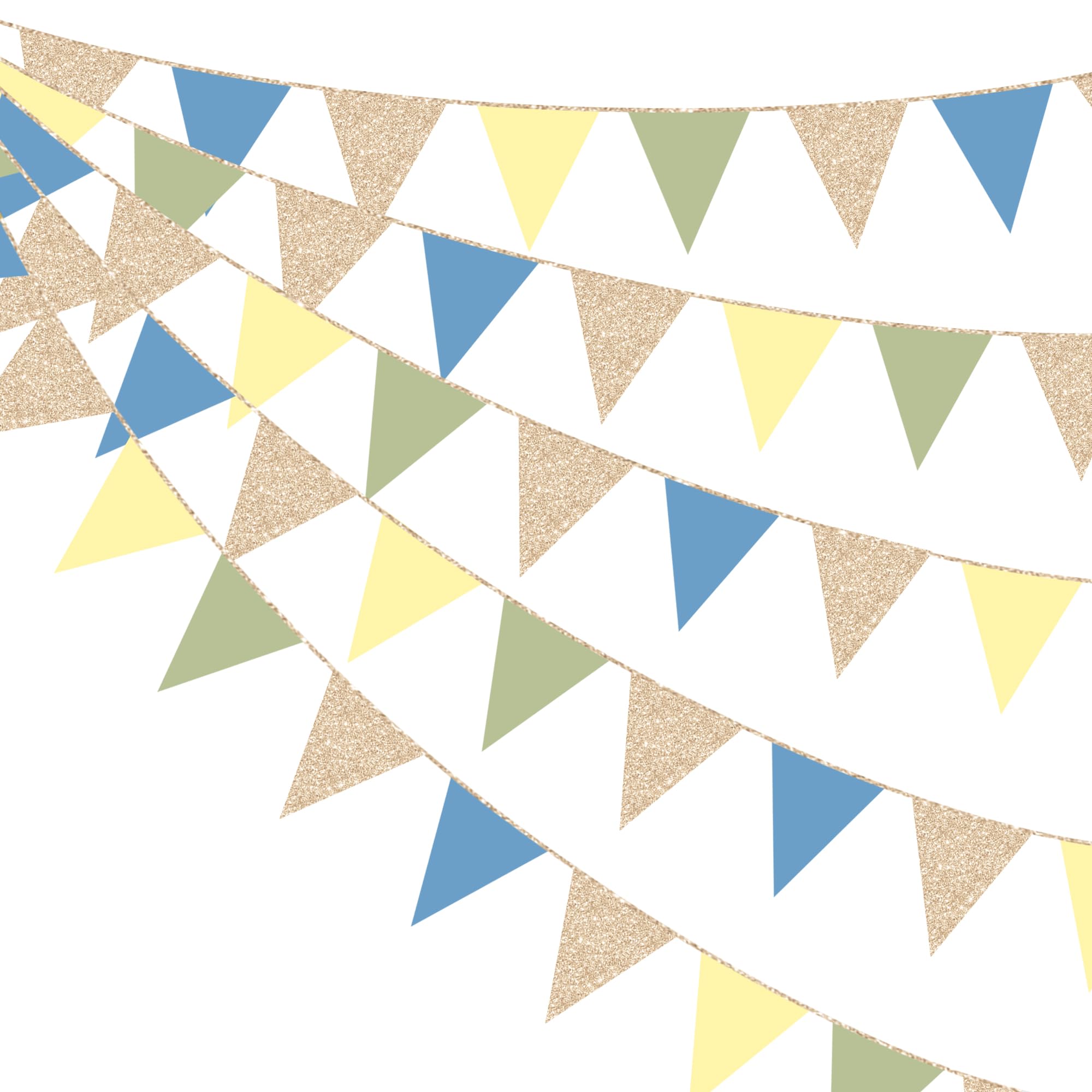 30Ft Champagne Gold Dusty Blue Sage Green Yellow Bunting Banner Party Decorations Olive Green Yellow Blue Hanging Glitter Paper Triangle Flag Pennant for Wild One Birthday Wedding Baby Shower Party
