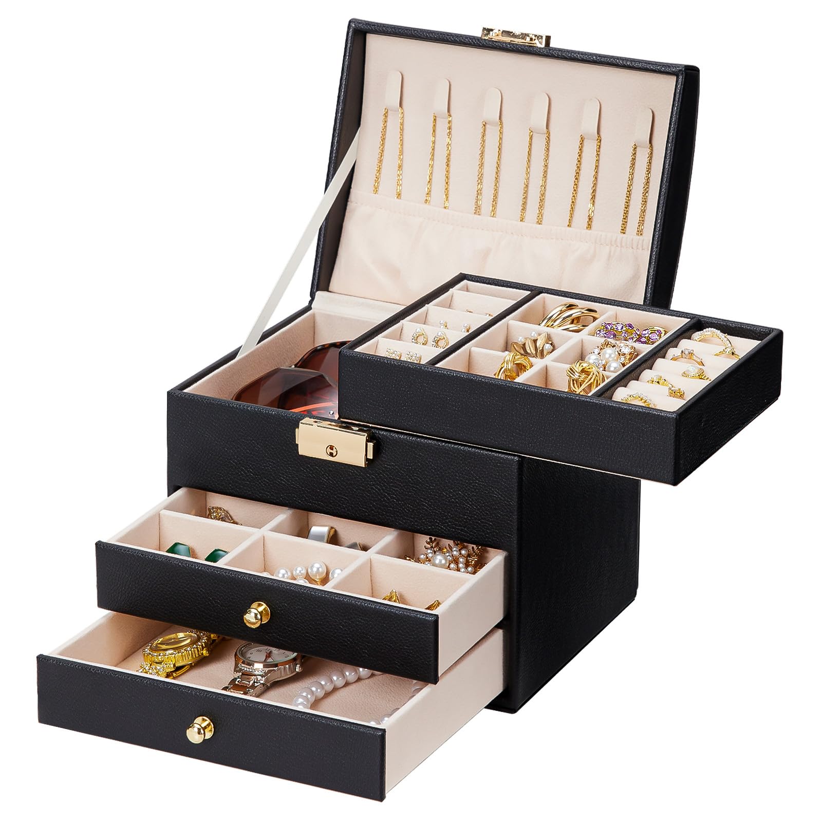 Homde Girls Jewelry Box with Lock 3 Layer Organizer with Removable Tray - Storage for Ring Necklace Earring