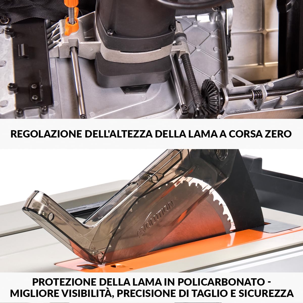 Evolution Power Tools R255TBL Sega da banco (La prossima generazione Rage 5-S) Lama da taglio multimateriale Taglia legno metallo plastica, smusso a 45°, angolo obliquo +/- 60°, 1650 W