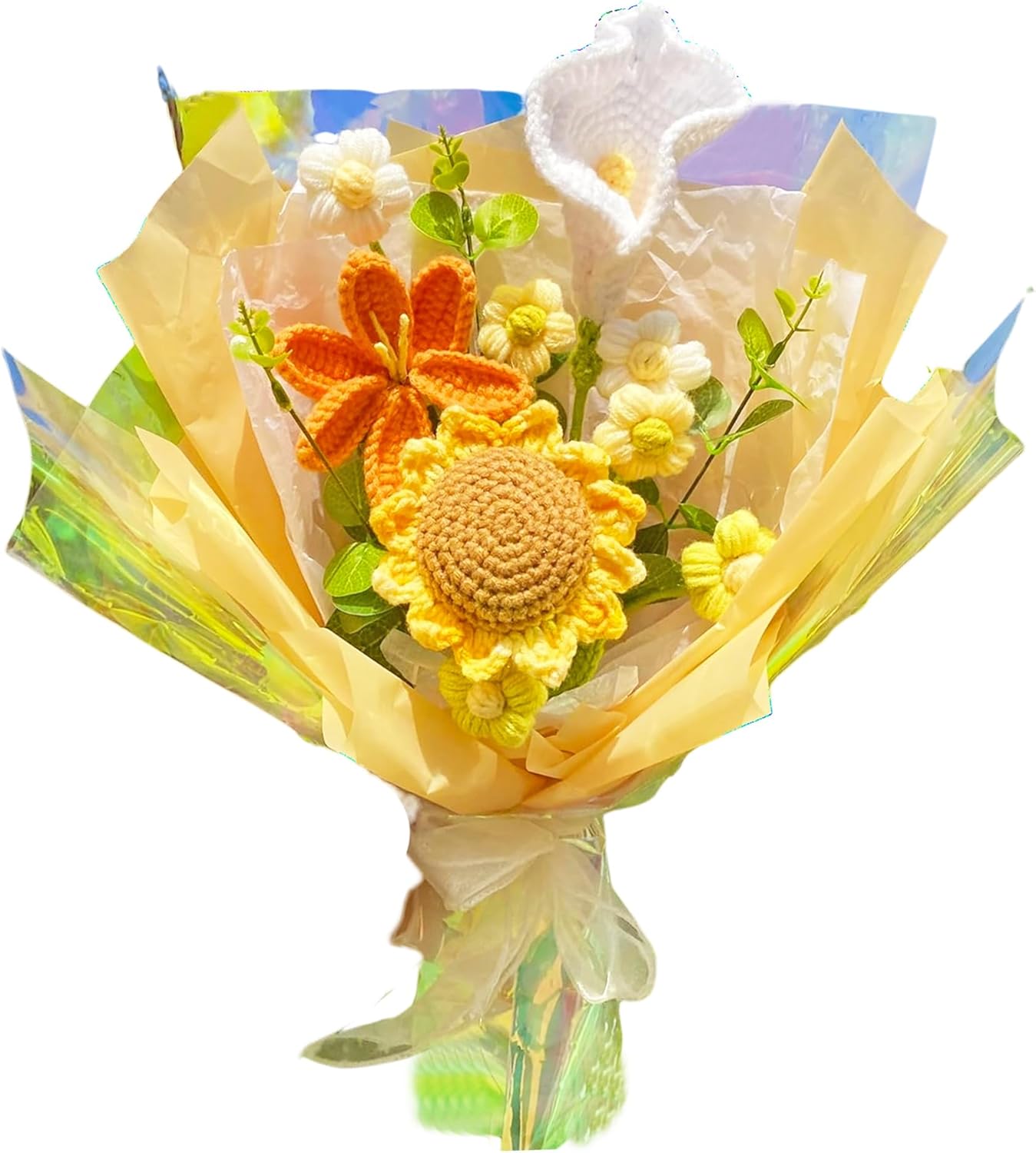 Sunflower Bouquet, 13.45in Artificial Plant, 100% Hand-Made Crochet Flowers, Premium Packaging for Mother's Day, Birthday, Wedding, Christmas, Thanksgiving Gift and Home Decor