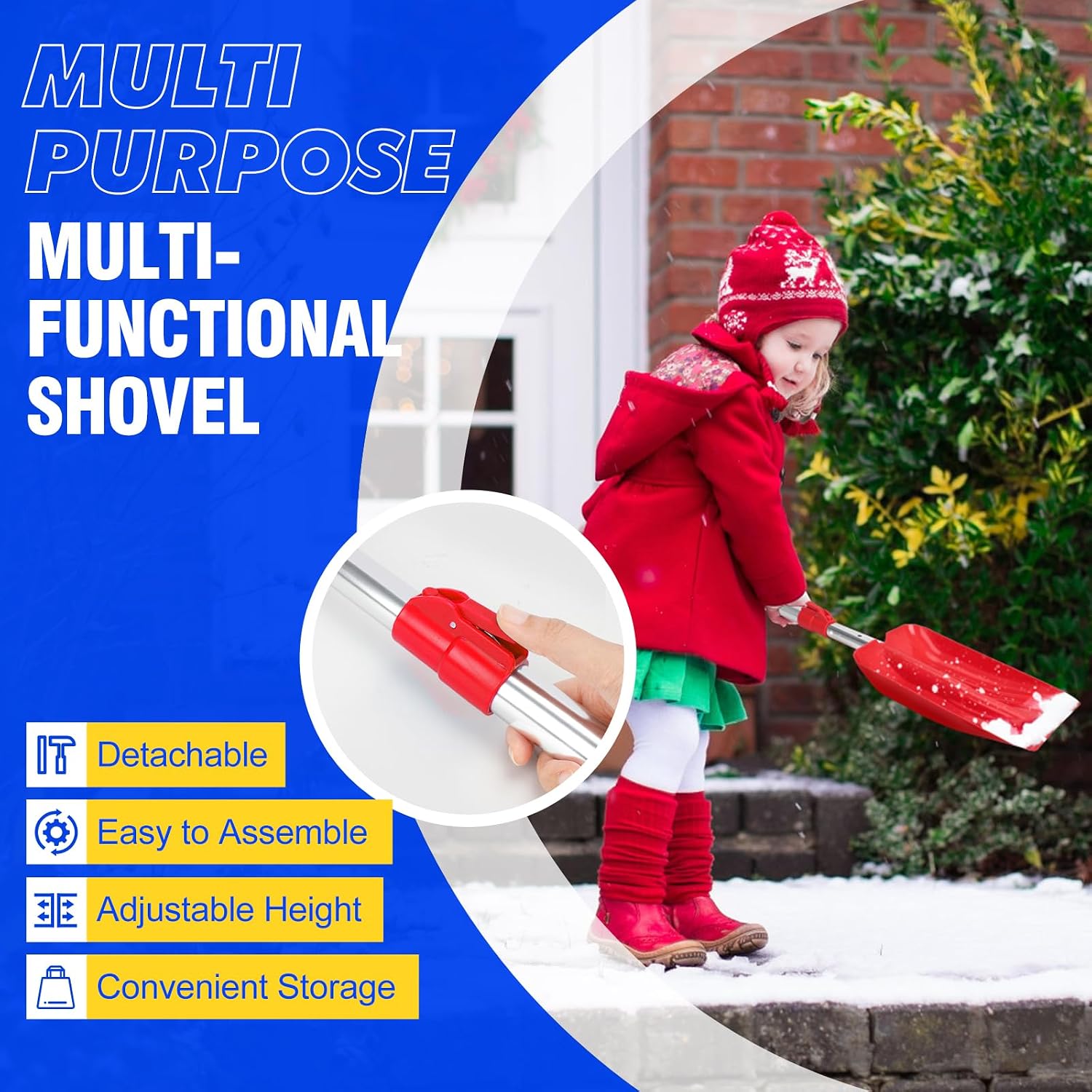 Kids Snow Shovel, Adjustable and Detachable, Portable and Lightweight, Snowman Maker for Winter Snow Playing, Snow Removal Emergency Tools for Car Driveways Use (Age 3+, Blue and Red, 2 Pack)