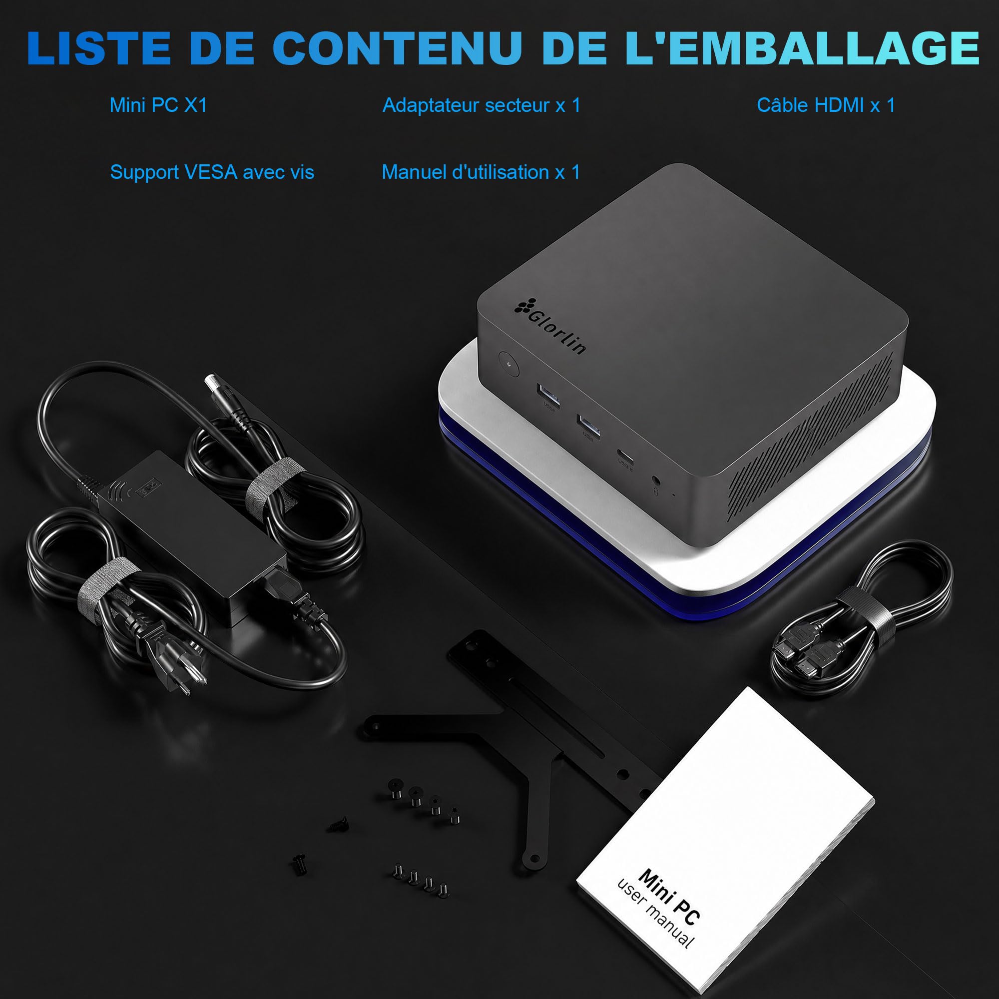 Glorlin GT105 Mini PC,AMD Ryzen 7 8745HS (8C/16T,jusqu'à 4.9Ghz),16Go DDR5 1To NVMe SSD,AMD Radeon 780M,Mini Ordinateur de Bureau W11-Pro pour Bureau/Gaming,Double 2.5G LAN,WiFi 6,BT 5.3,USB4.0