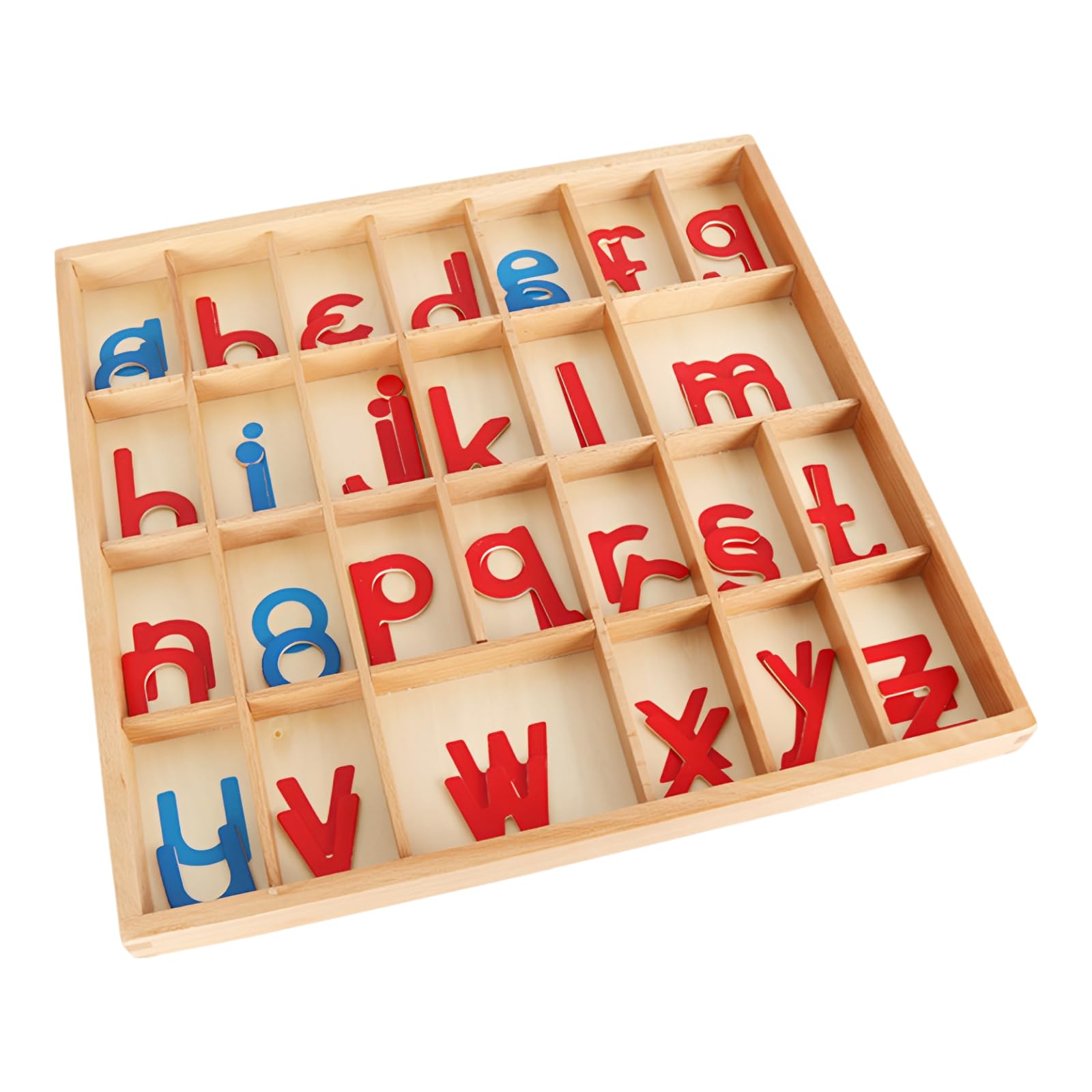 Alfabeto móvil con caja y manta, juego de alfabeto de madera para educación temprana, consonantes rojas y vocales azules, letras cursivas pequeñas, 13.6 x 13 x 1 pulgadas